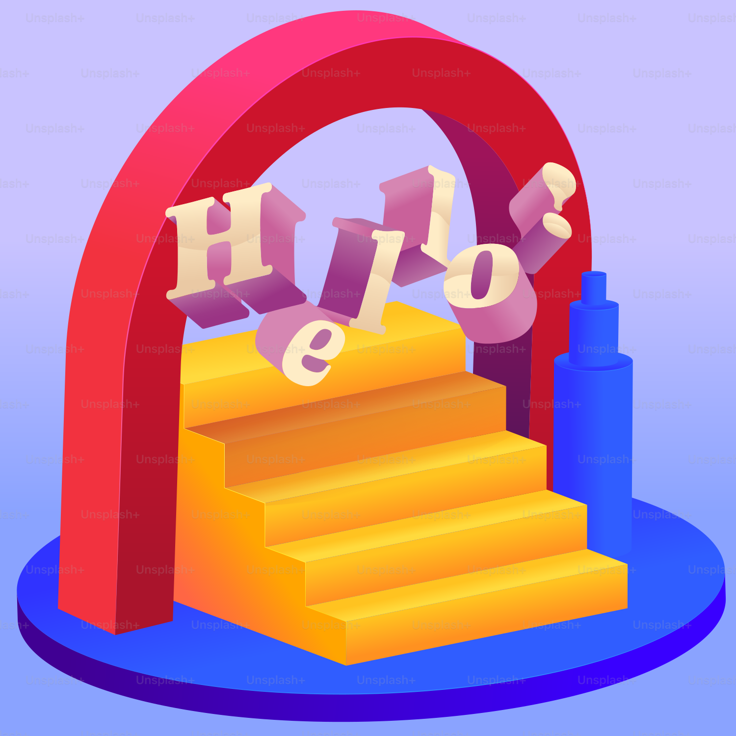 3D archway with stairs and floating letters