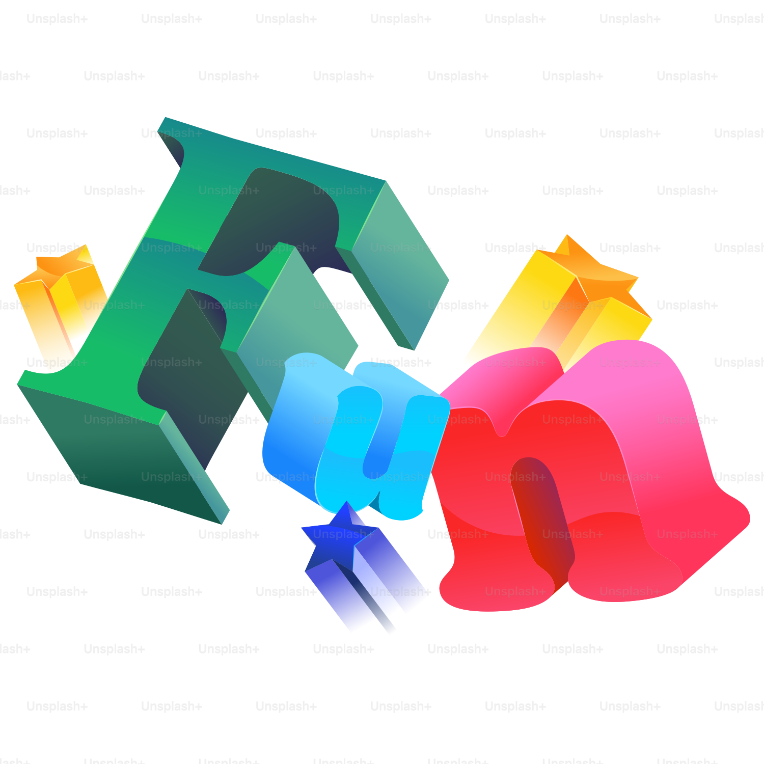 Colorful 3D letters f, u, m with stars