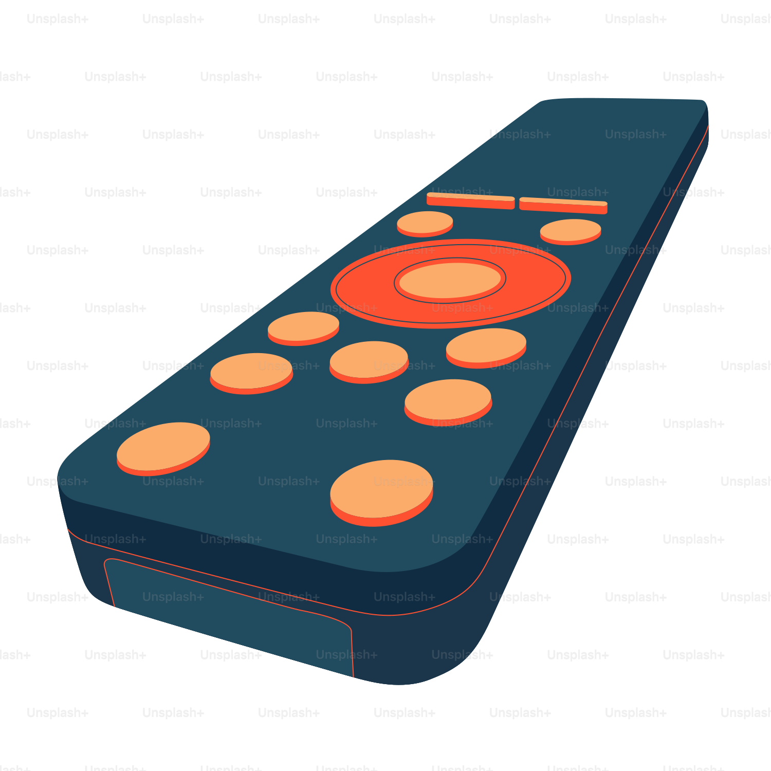 Eine dunkelblaue Fernbedienung mit orangefarbenen Tasten