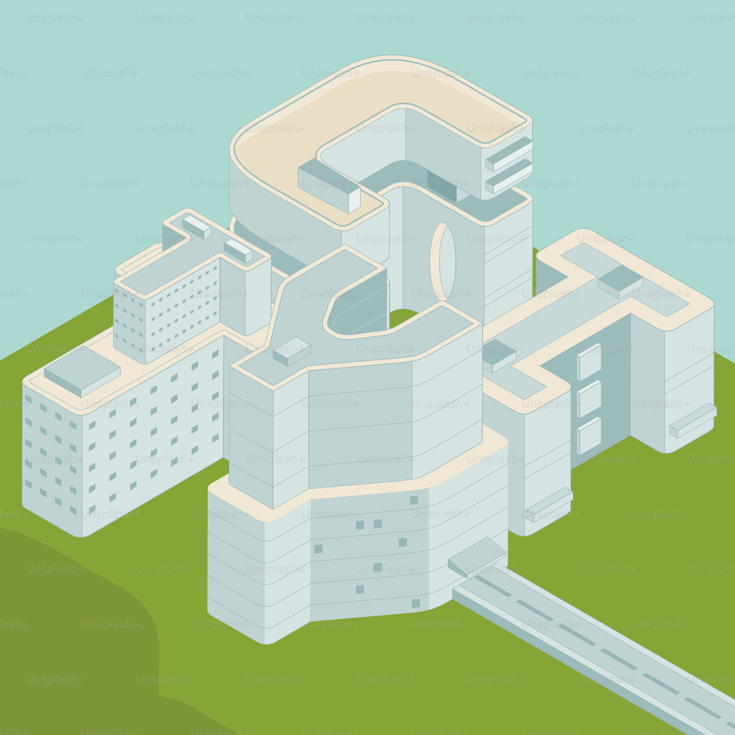 Modernes architektonisches Gebäude mit einem einzigartigen, geschwungenen Design