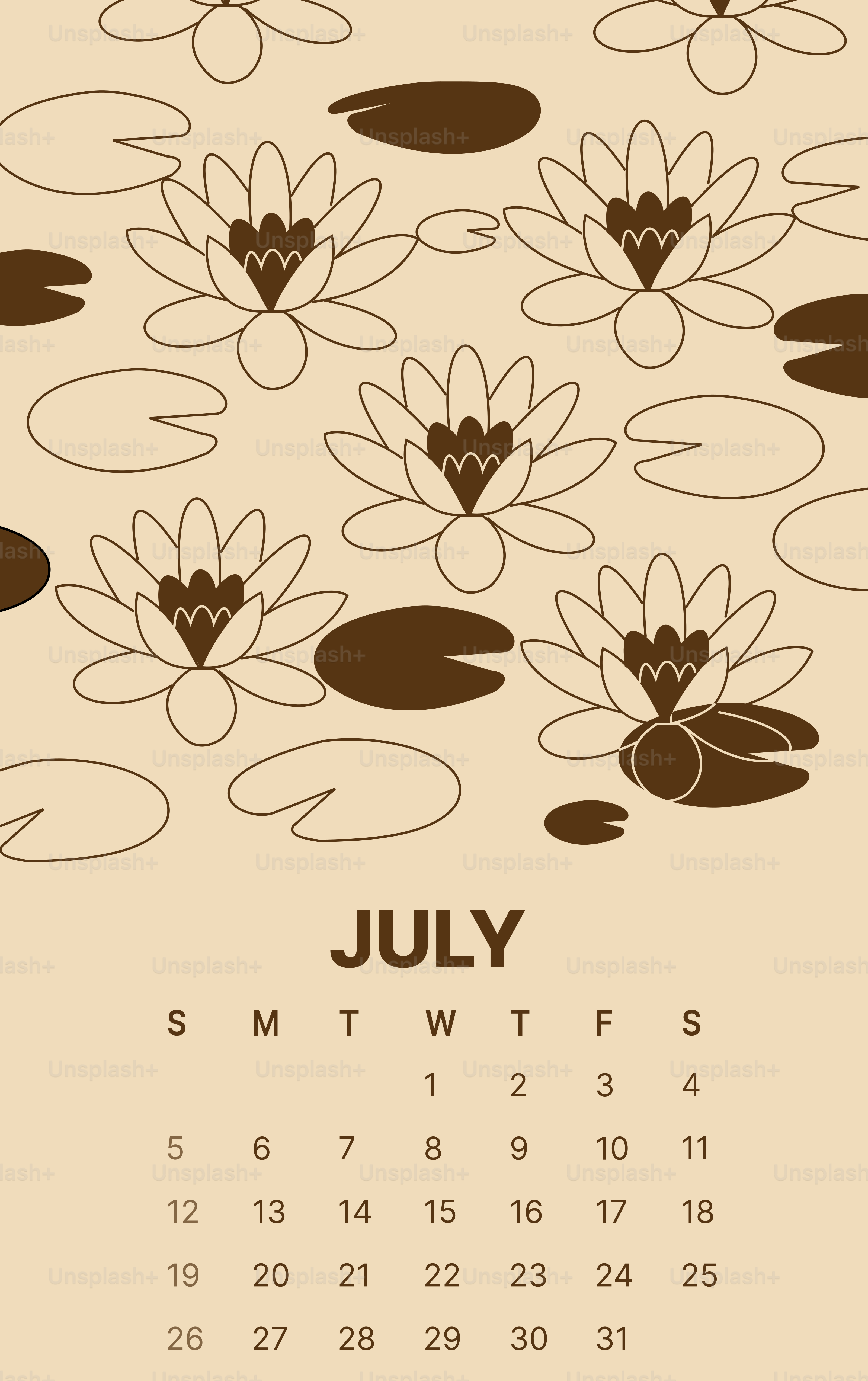 July calendar with water lilies and lily pads.