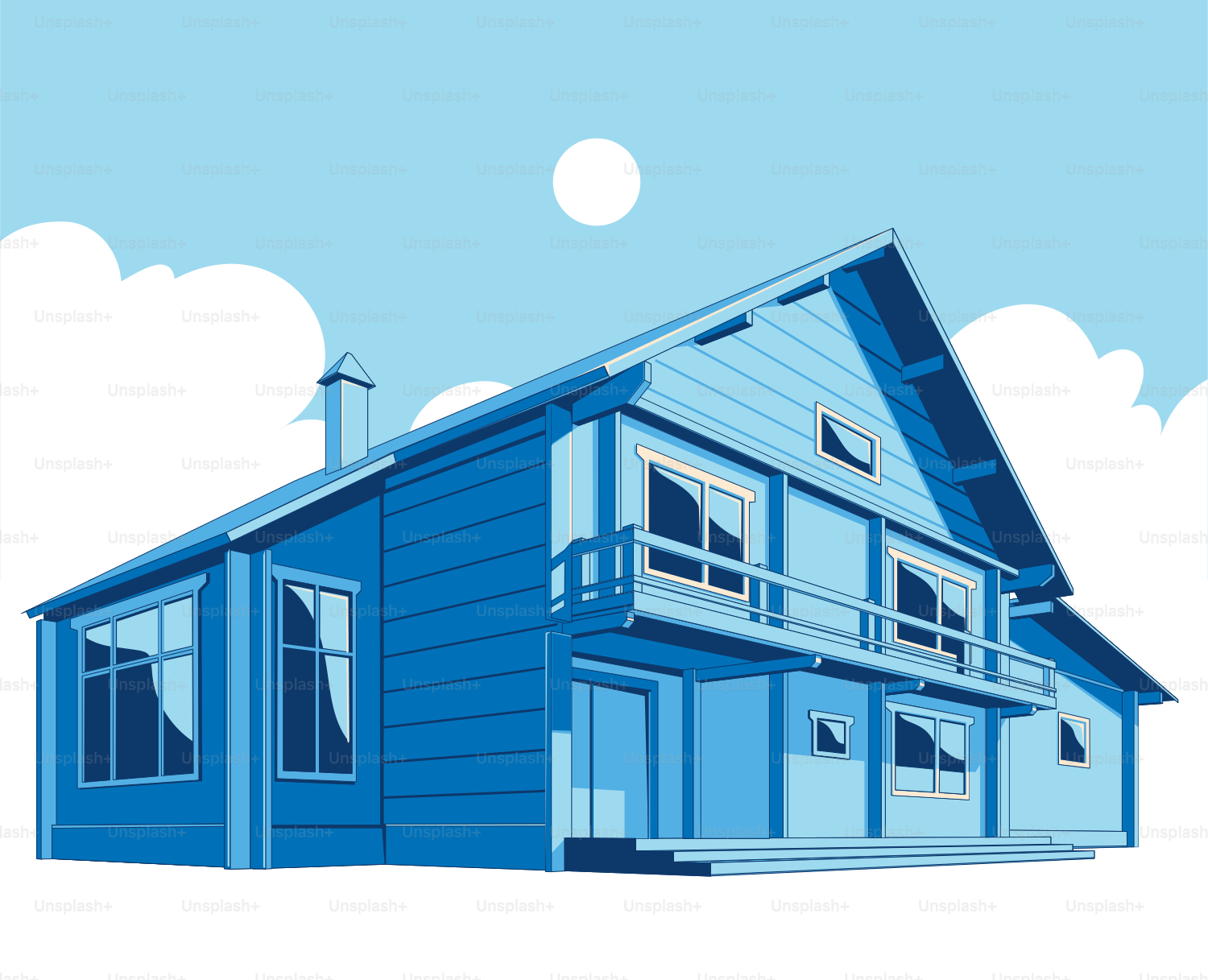 Une maison en bois bleu avec de grandes fenêtres