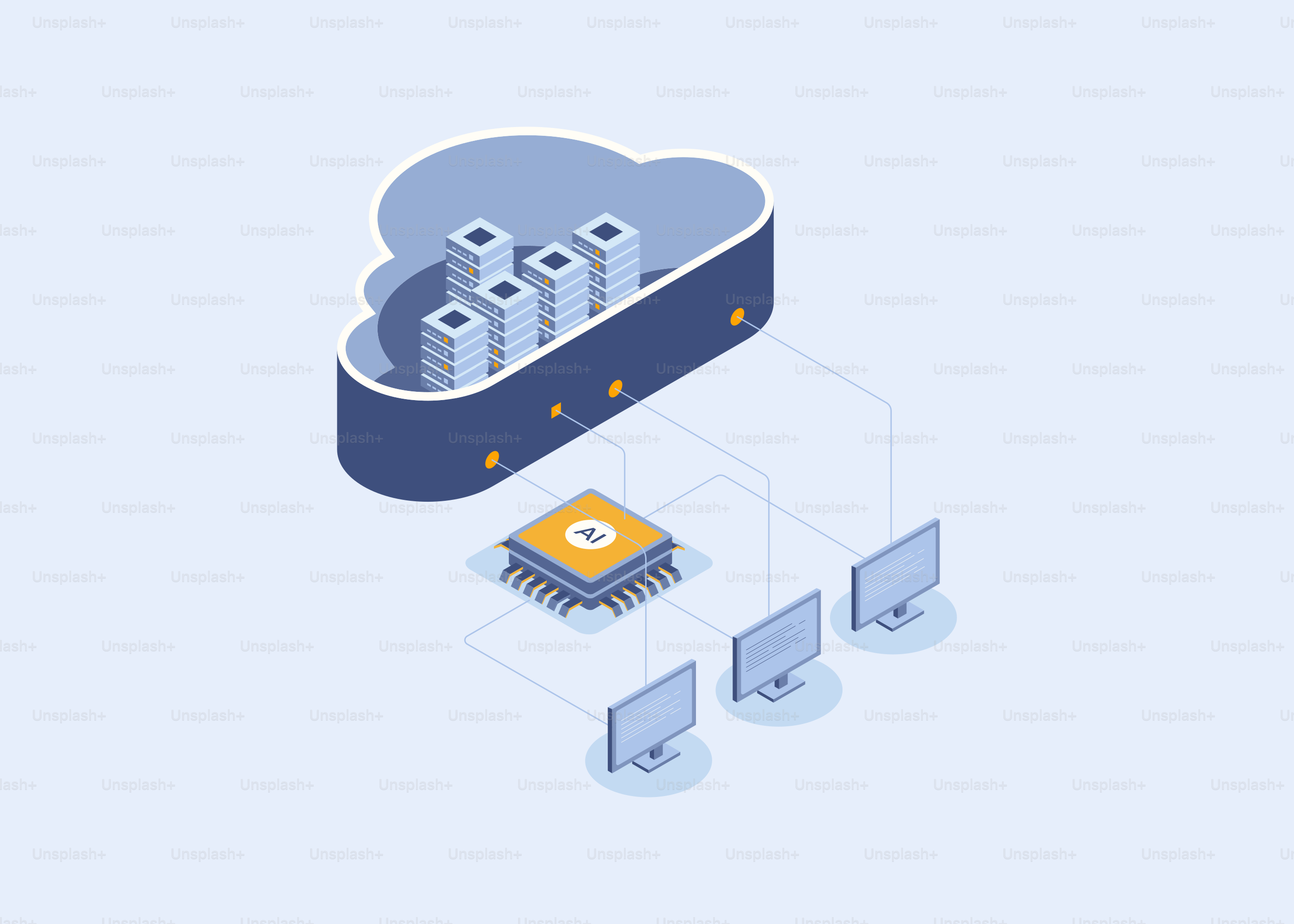 Red de computación en la nube con servidores y ordenadores