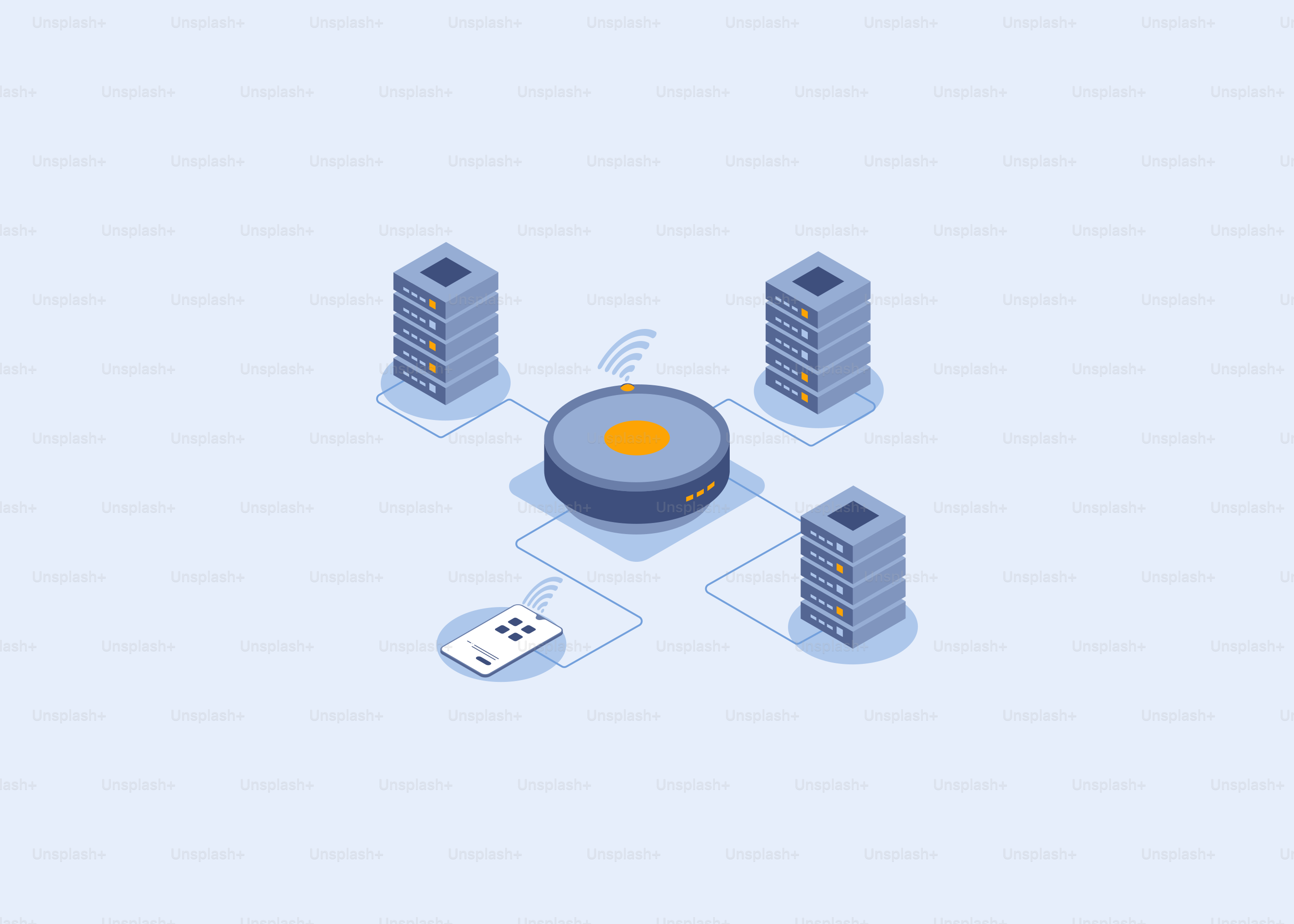 Central hub connecting three server towers wirelessly vector ...