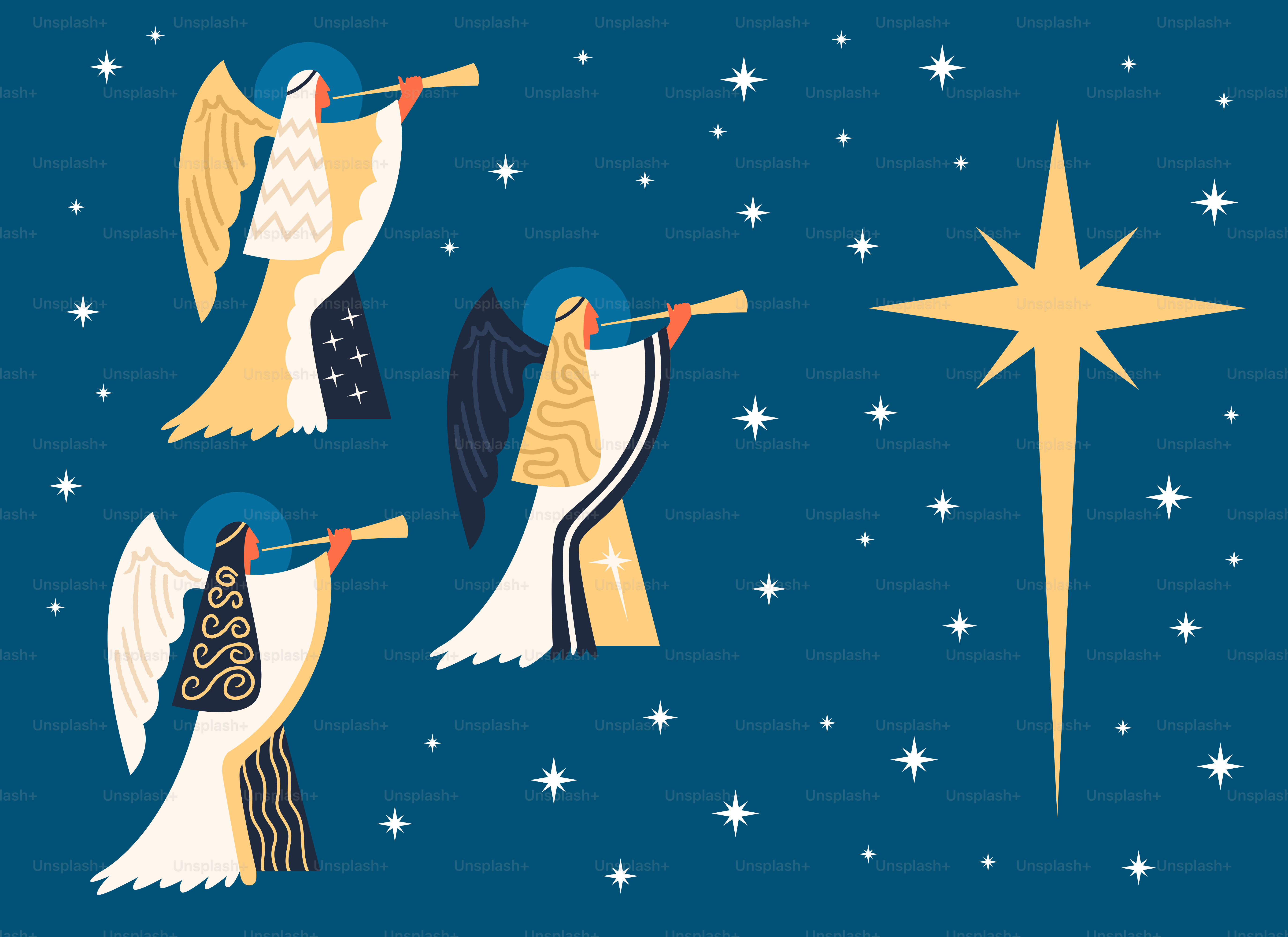Three angels play trumpets under a starry sky.