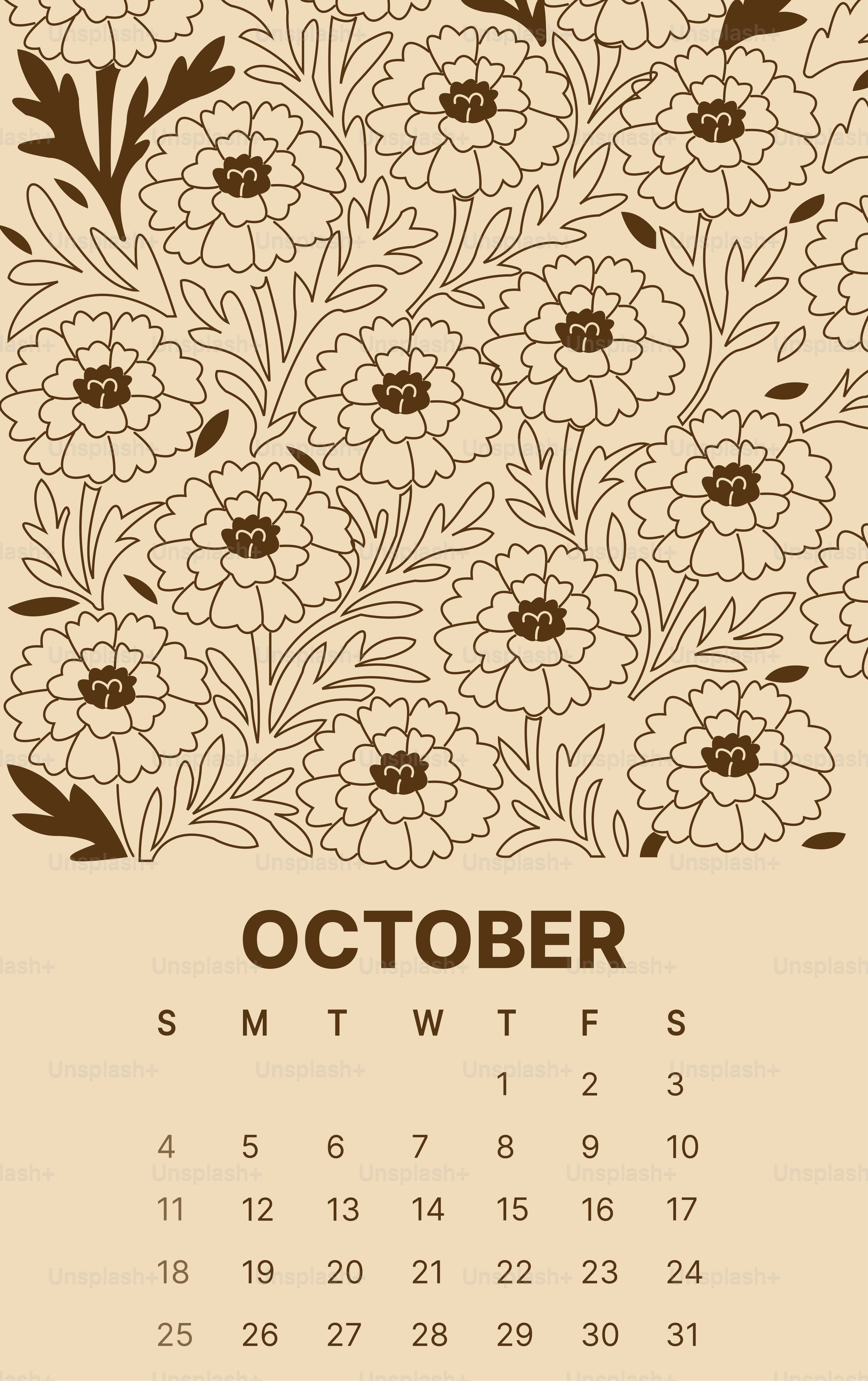 October calendar with floral pattern background