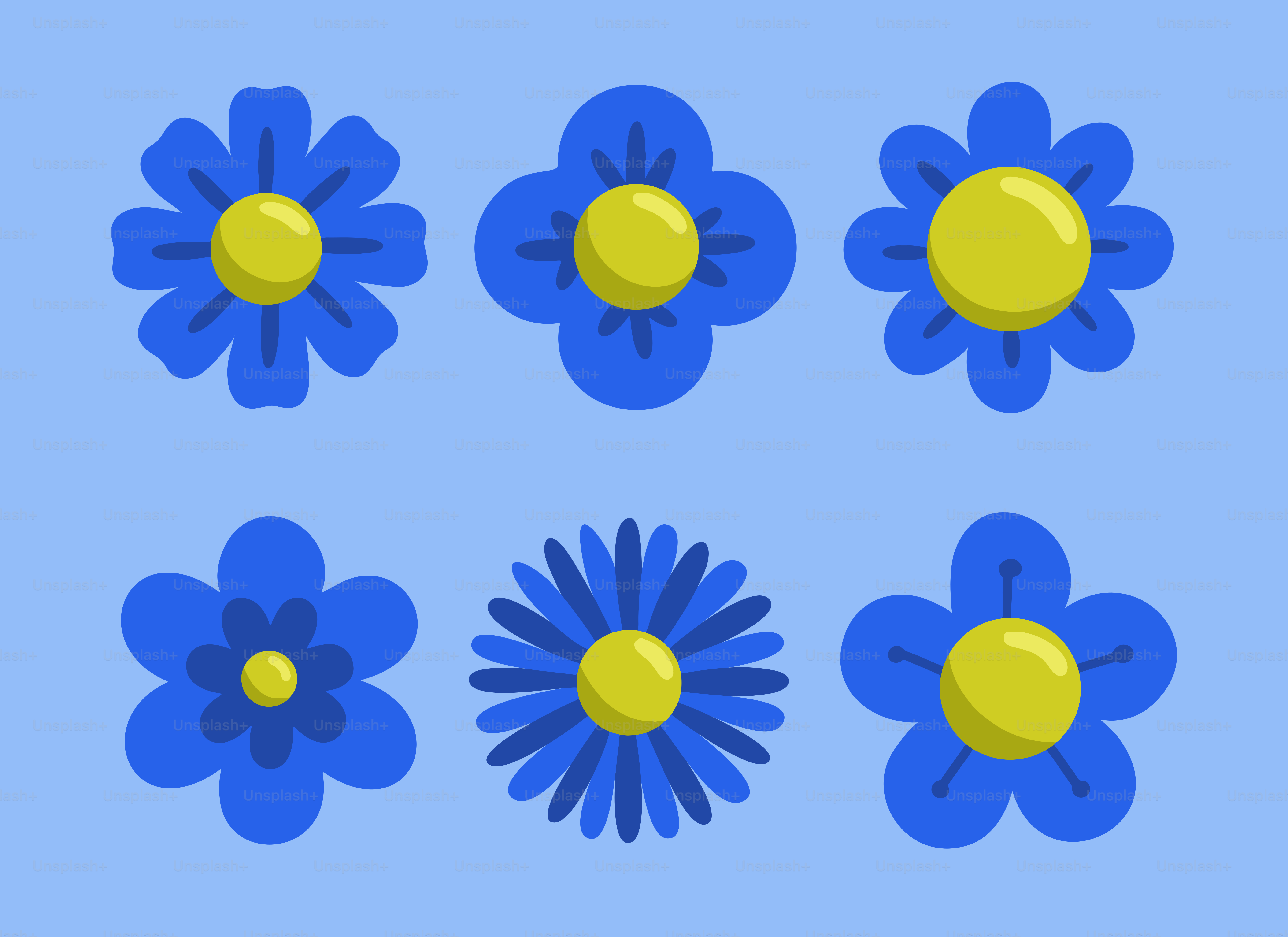 Six blue flowers with yellow centers on blue background