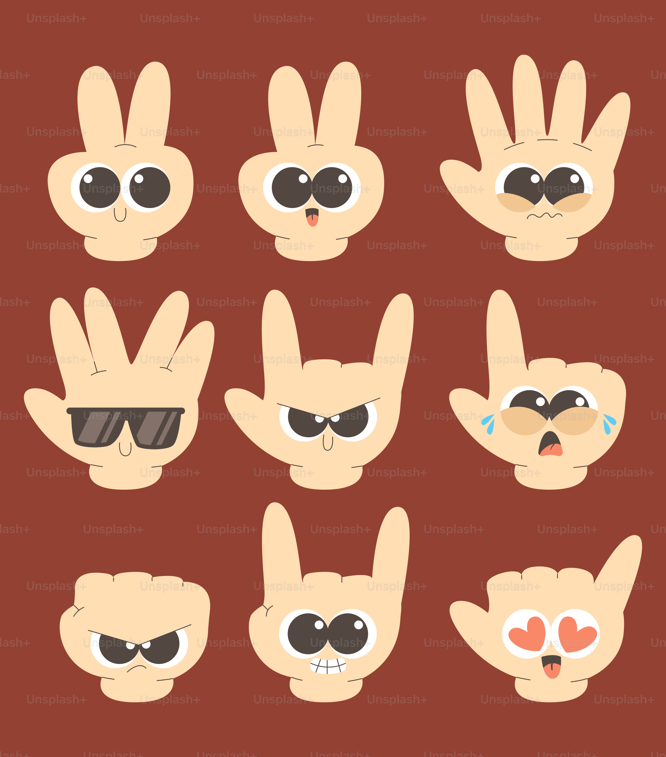 Collection de mains de dessin animé avec différentes expressions