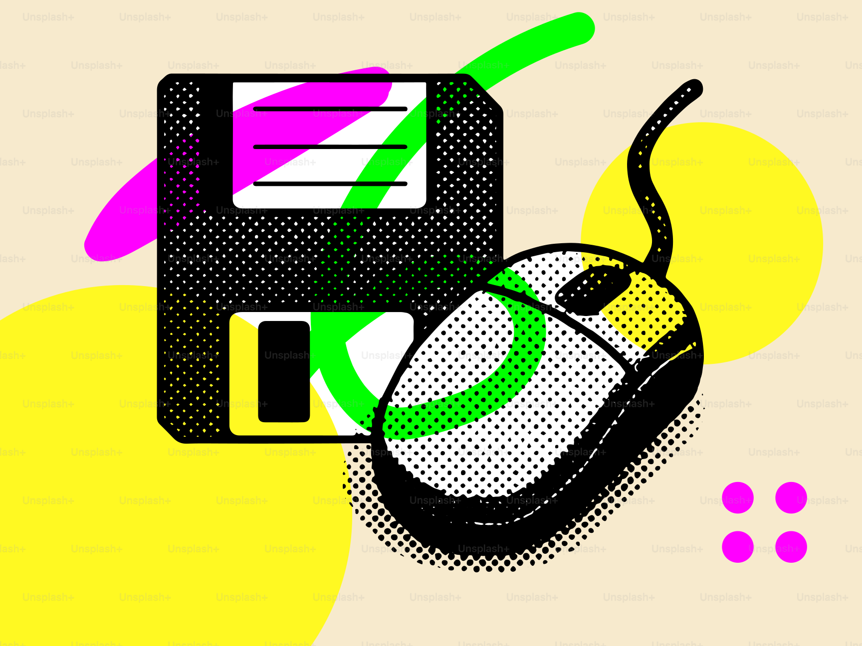 Diskette und Computermaus mit farbenfrohen abstrakten Formen.