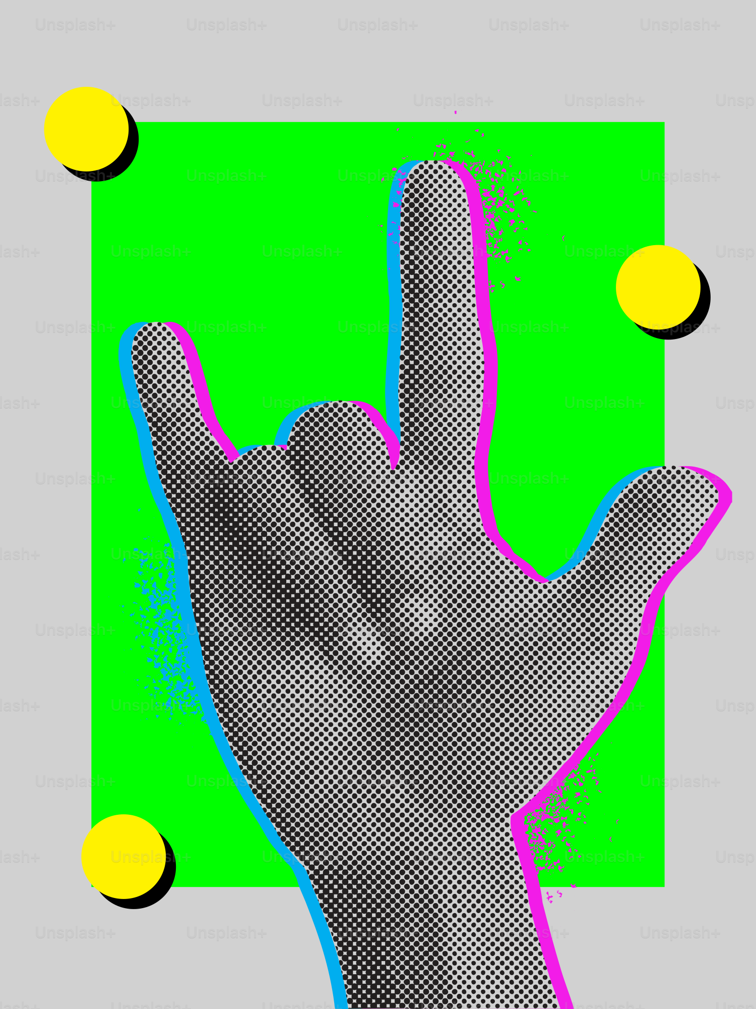 Hand making rock and roll sign with colorful accents.