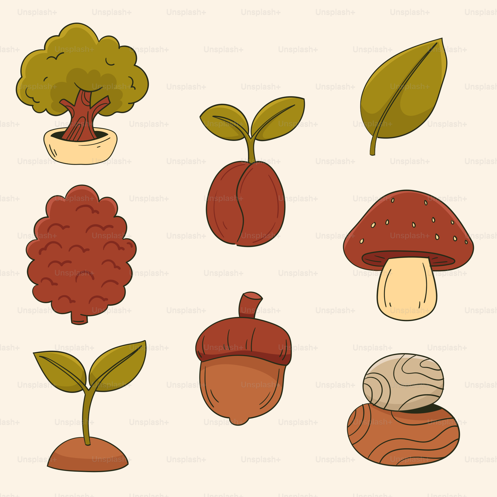 Colección de elementos forestales, incluyendo árboles y setas