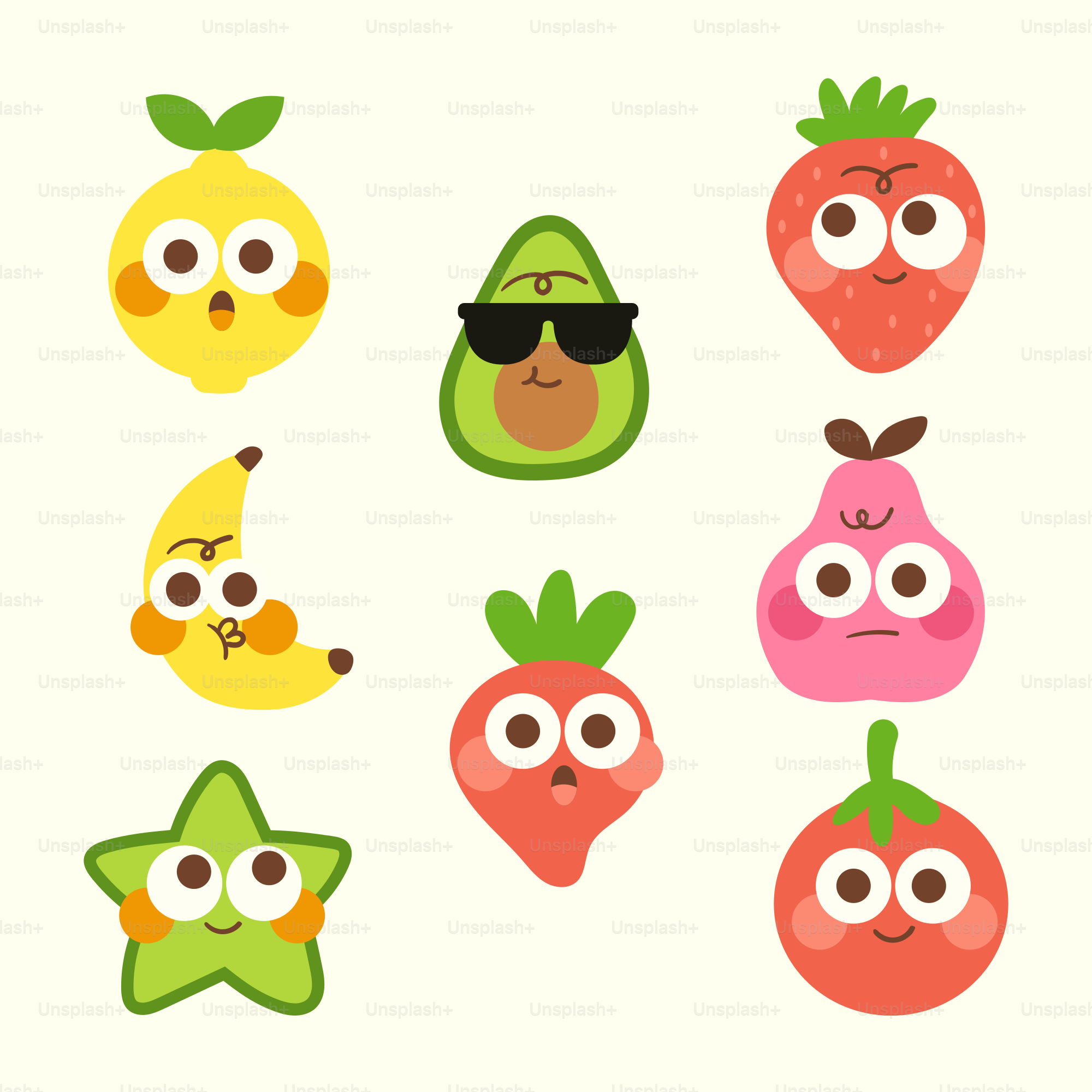 Collection of cute cartoon fruits with expressive faces