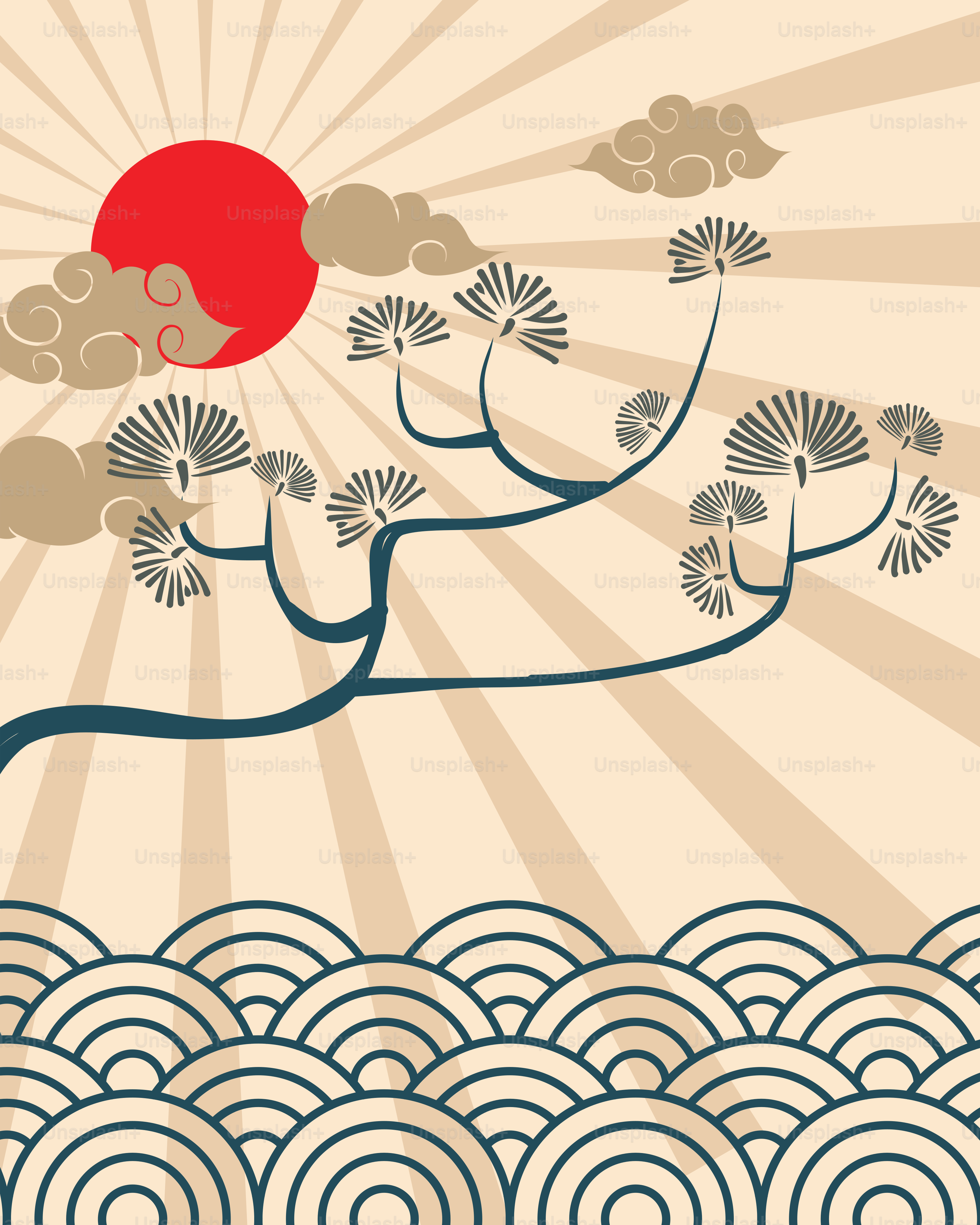 Stylized sun rising over clouds and waves