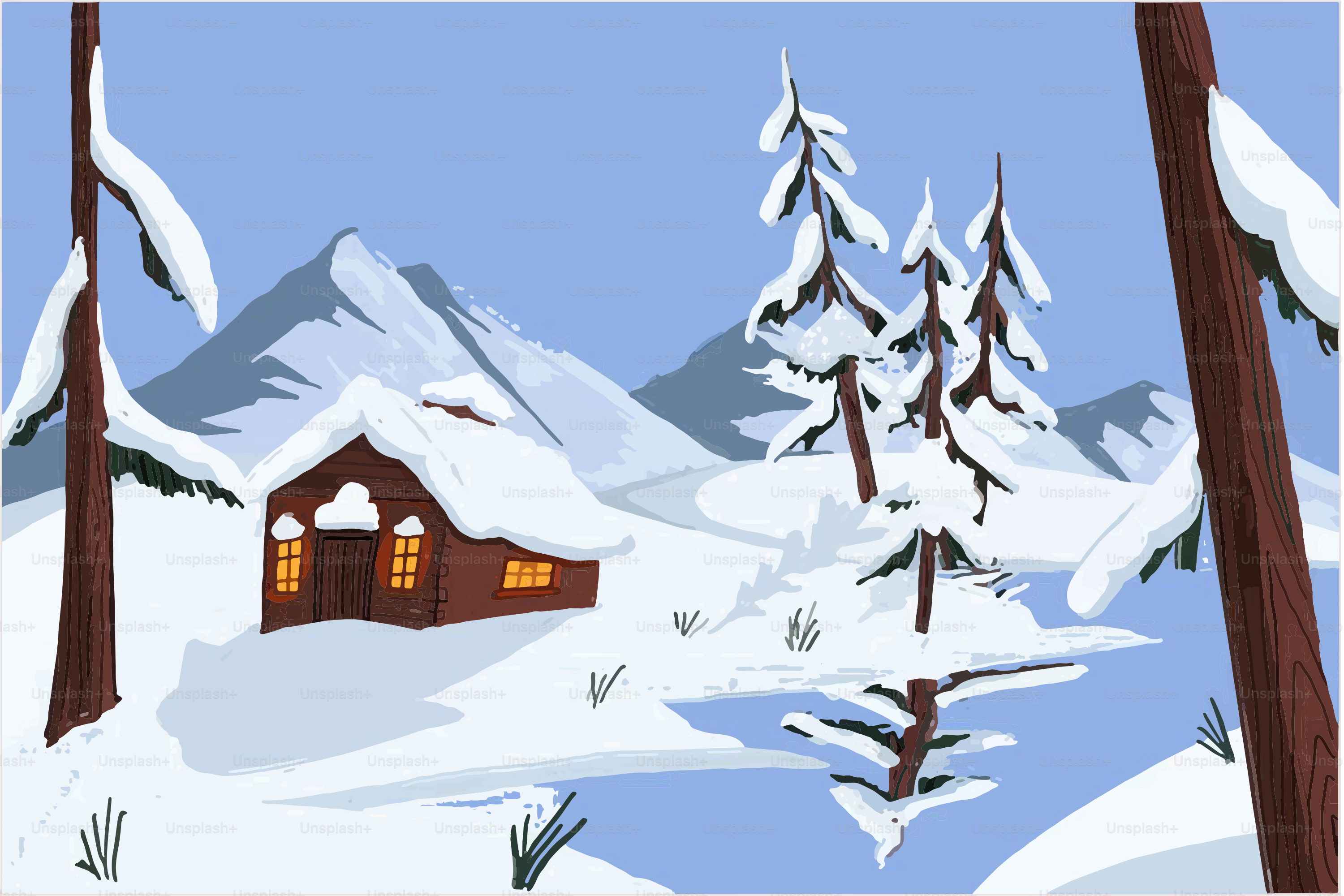 Cozy cabin in a snowy mountain landscape