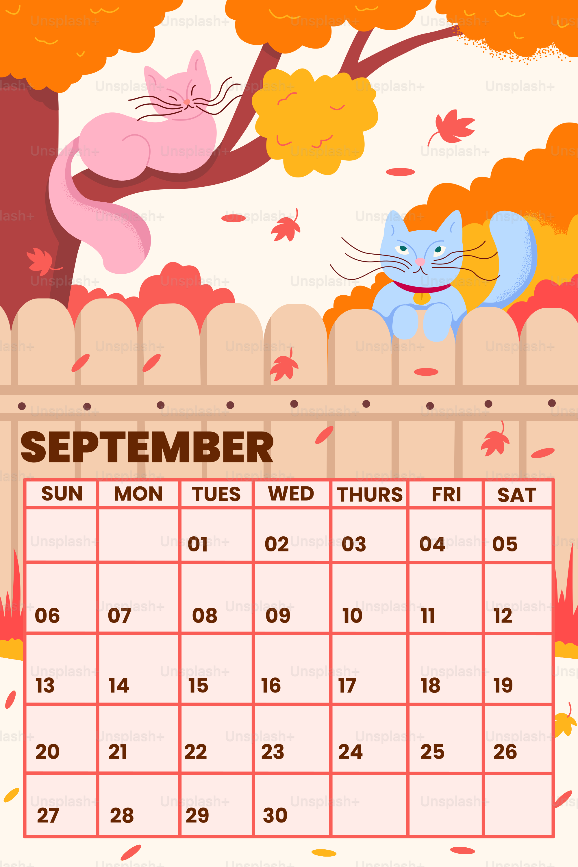 Two cats on a fence with september calendar
