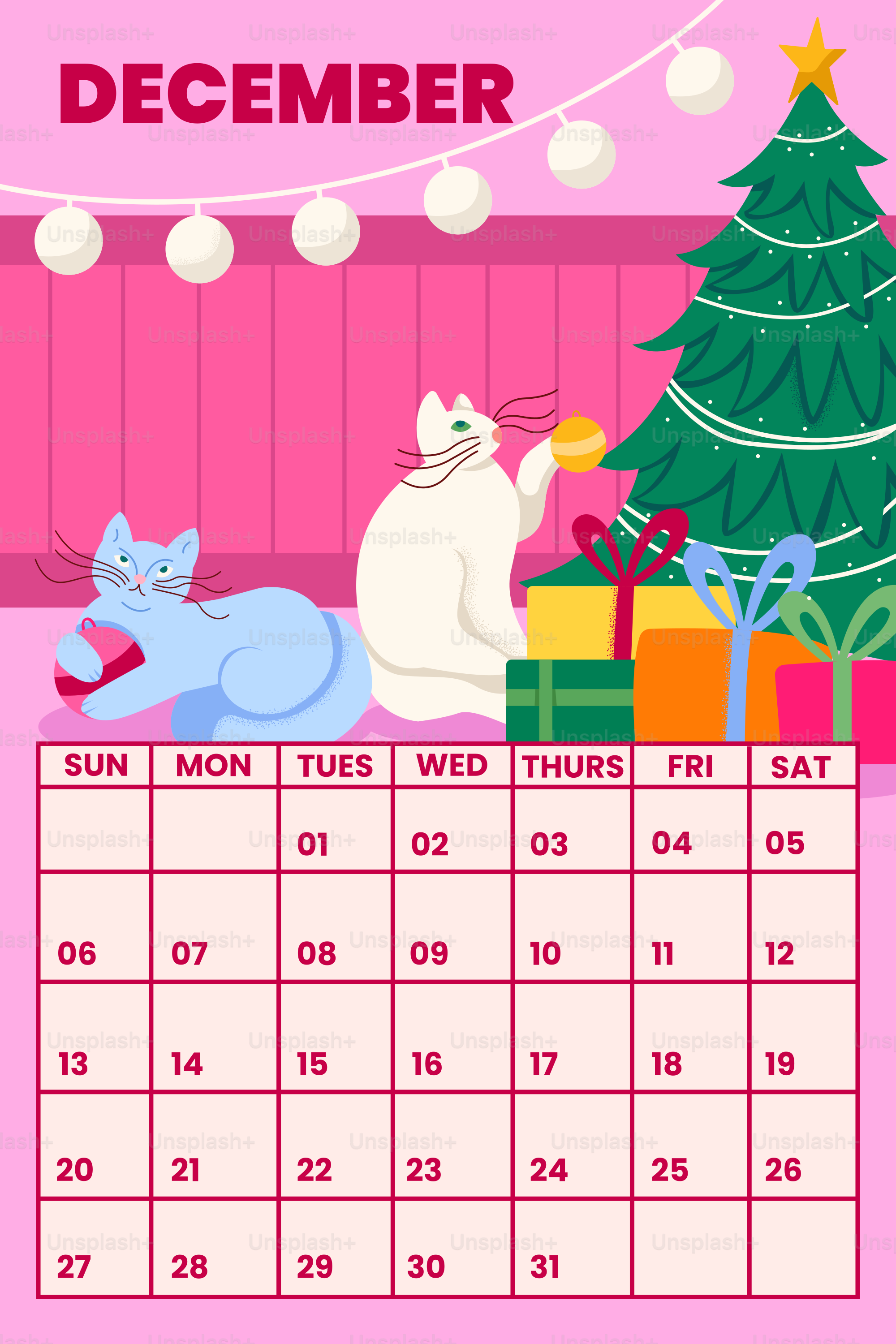 Two cats play near a christmas tree and presents.