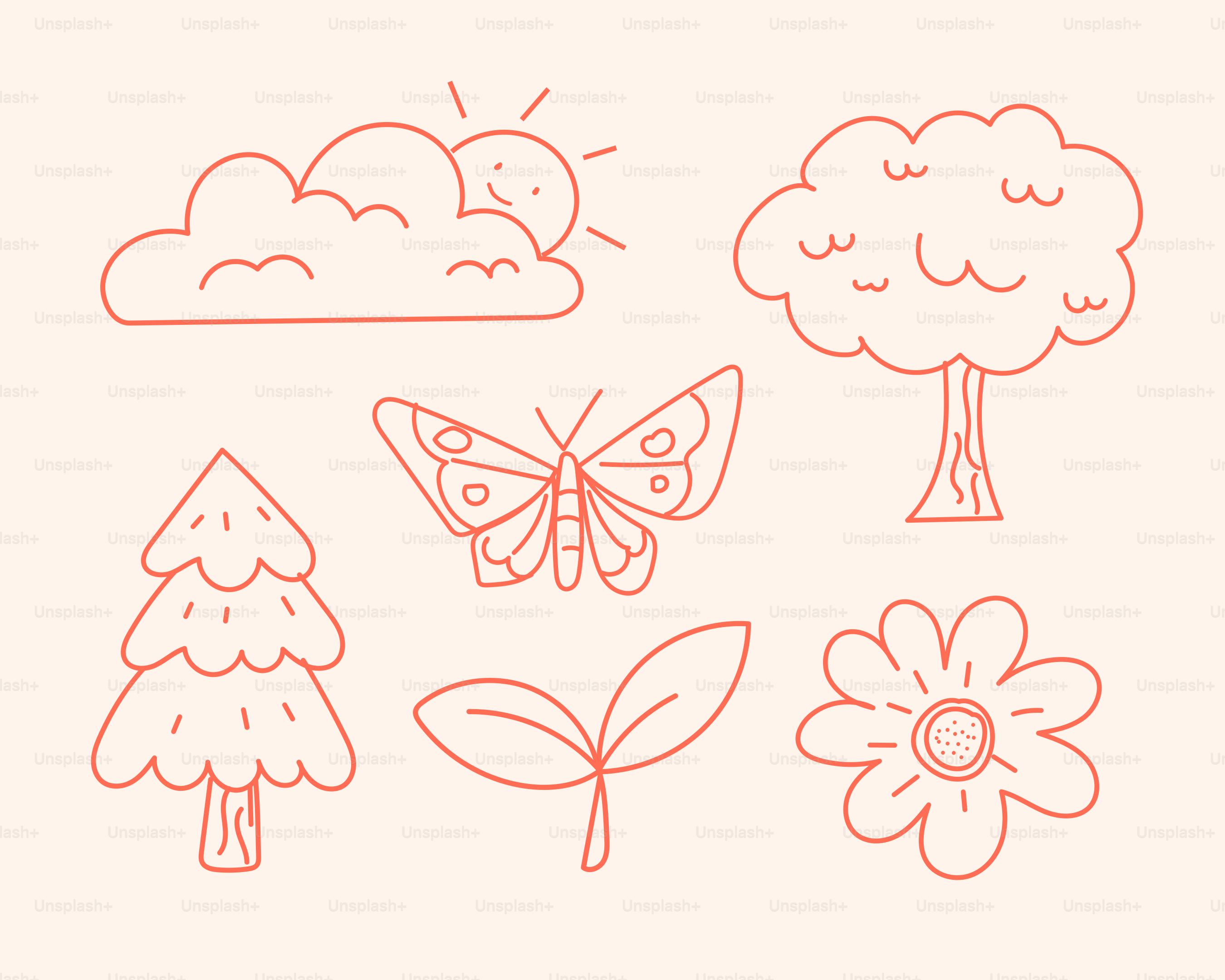 Simple line drawings of nature elements on a light background.