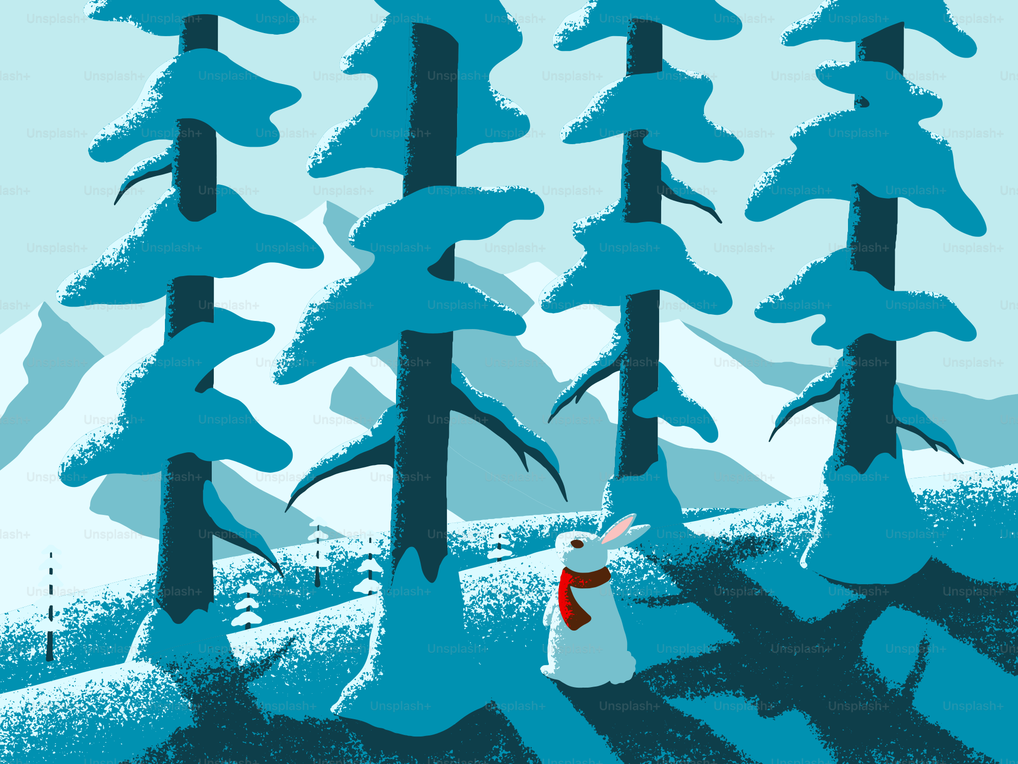 A rabbit in a red scarf in a snowy forest.