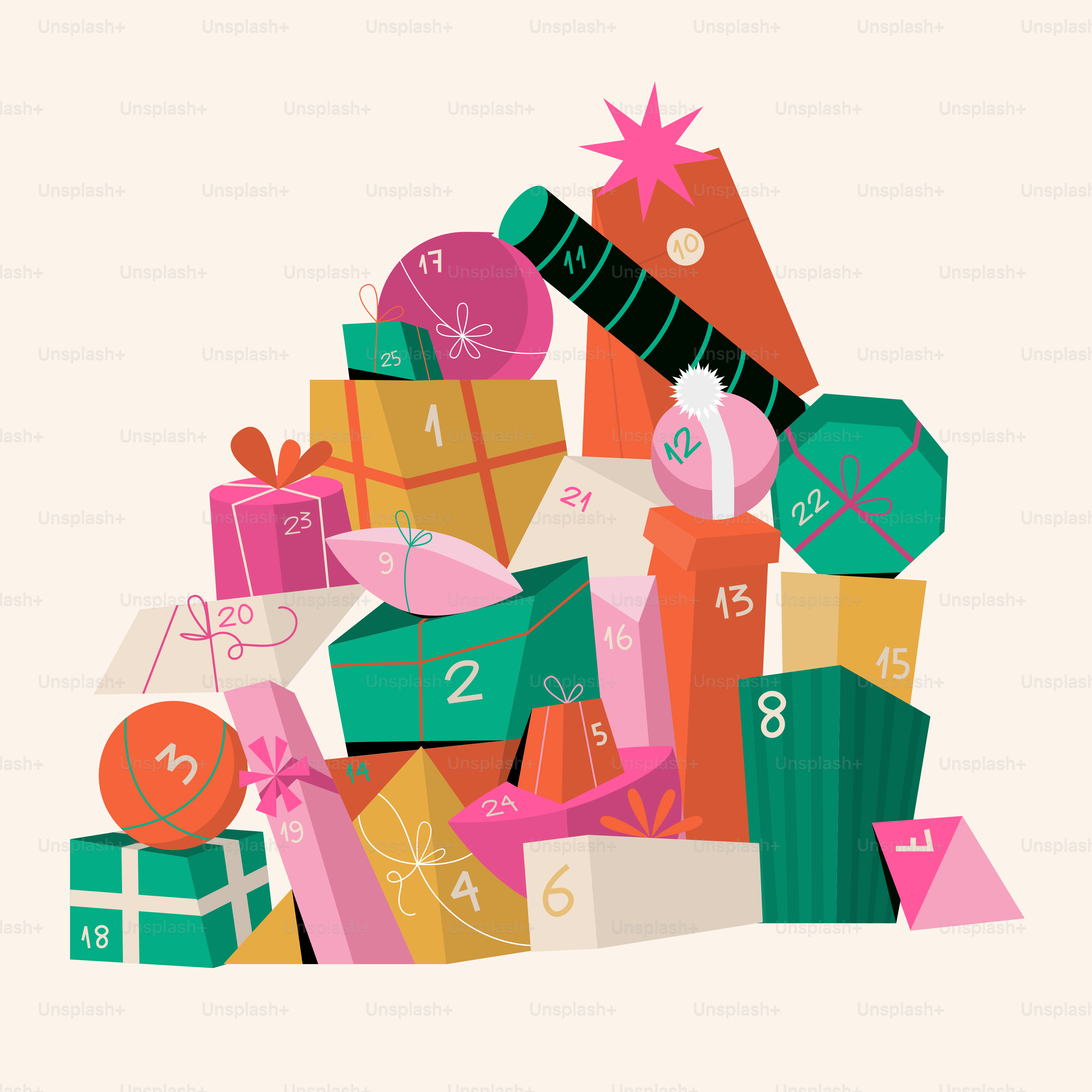 A pile of colorful christmas advent calendar gift boxes.