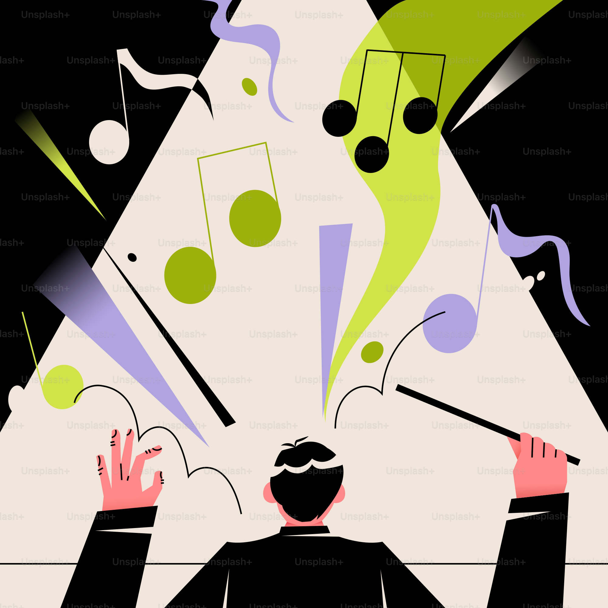 Conductor leading an orchestra with musical notes