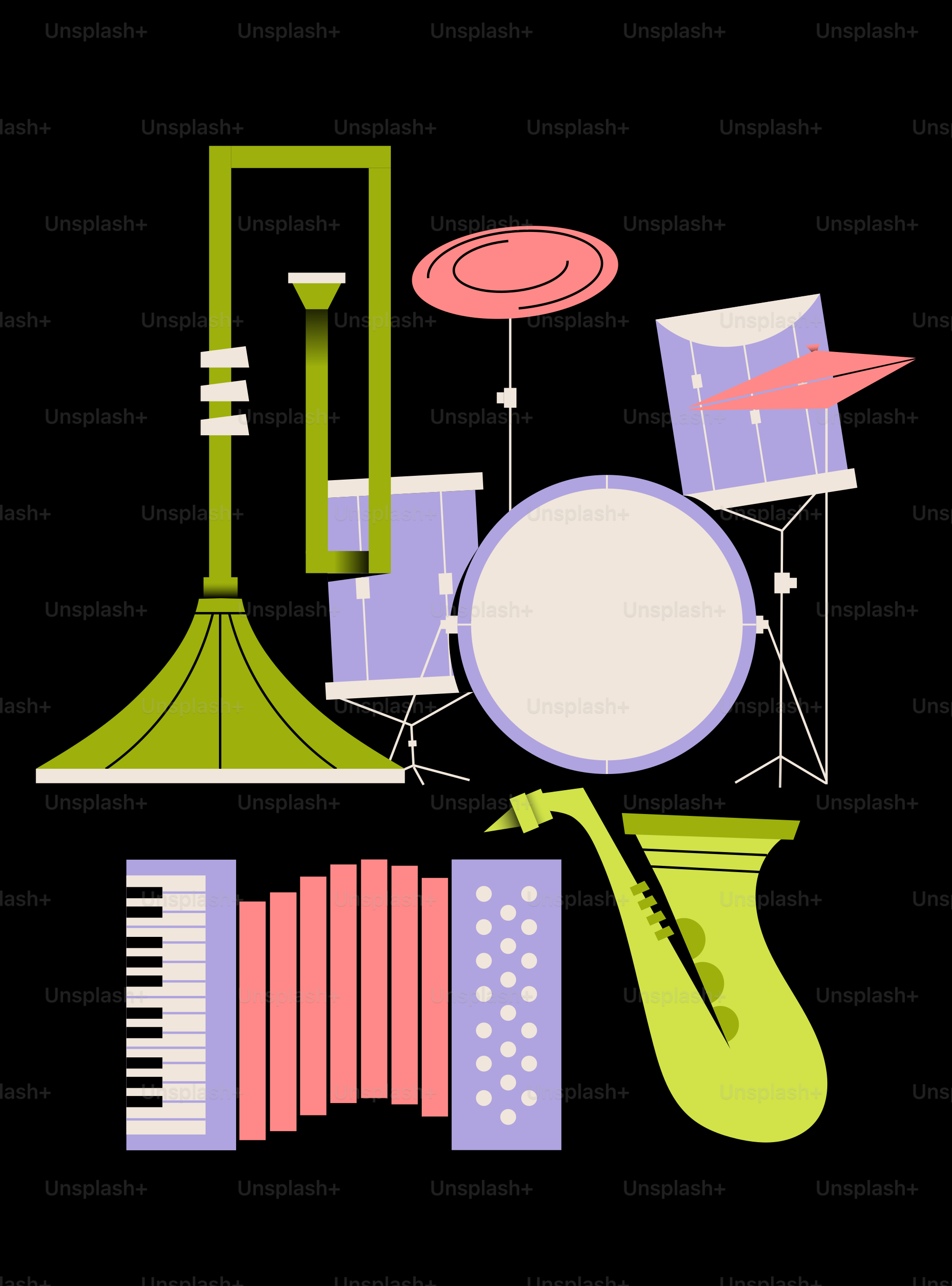 Musical instruments including saxophone, accordion, and drums.