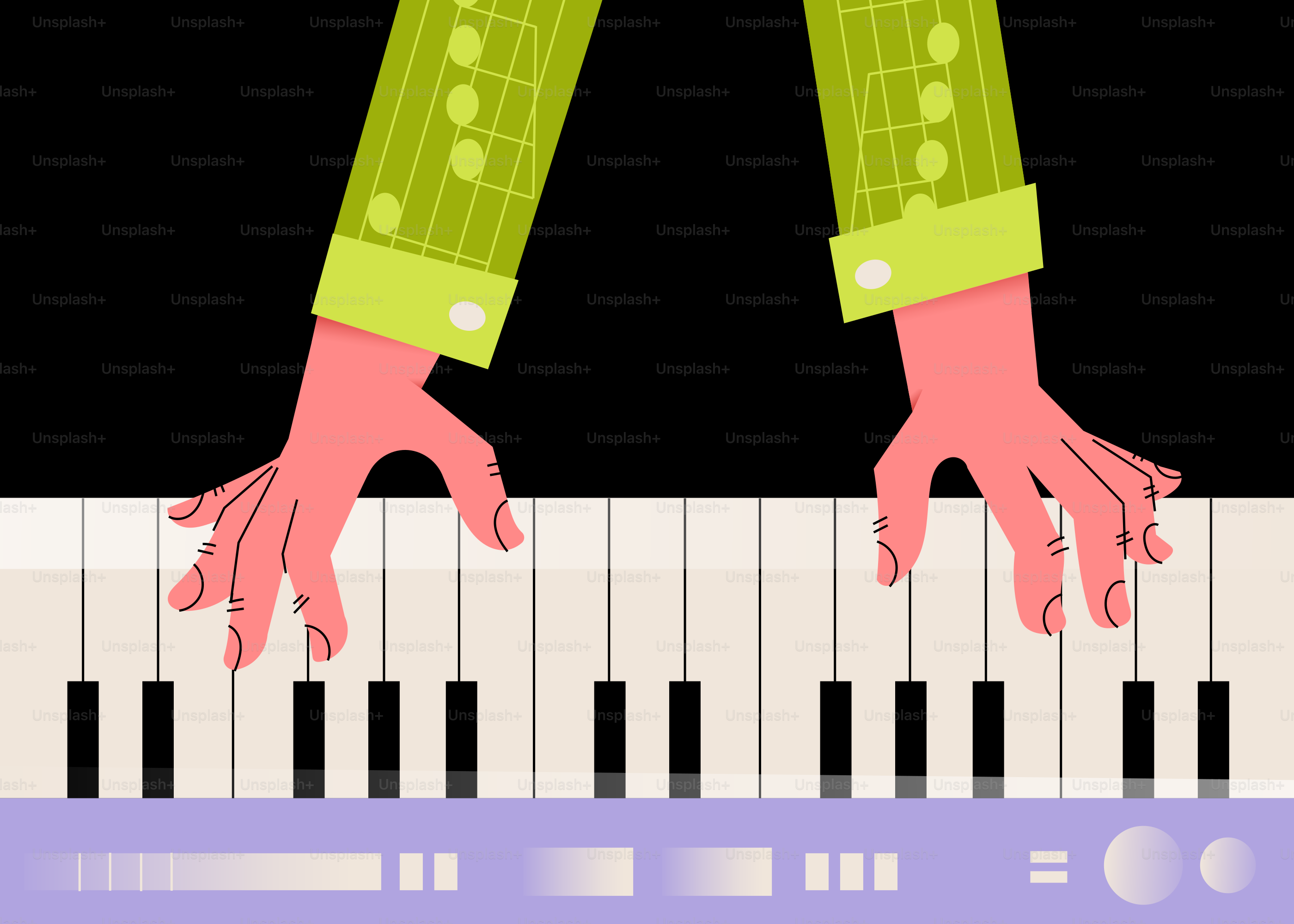 Hands playing a keyboard with a black background