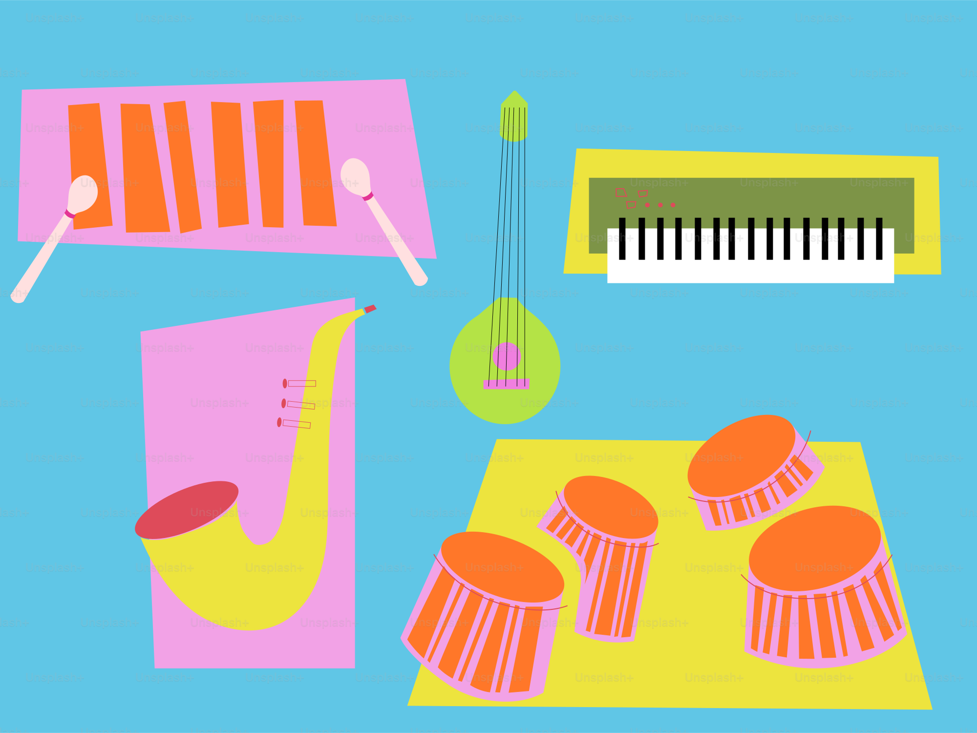 Colorful cartoon musical instruments on a blue background