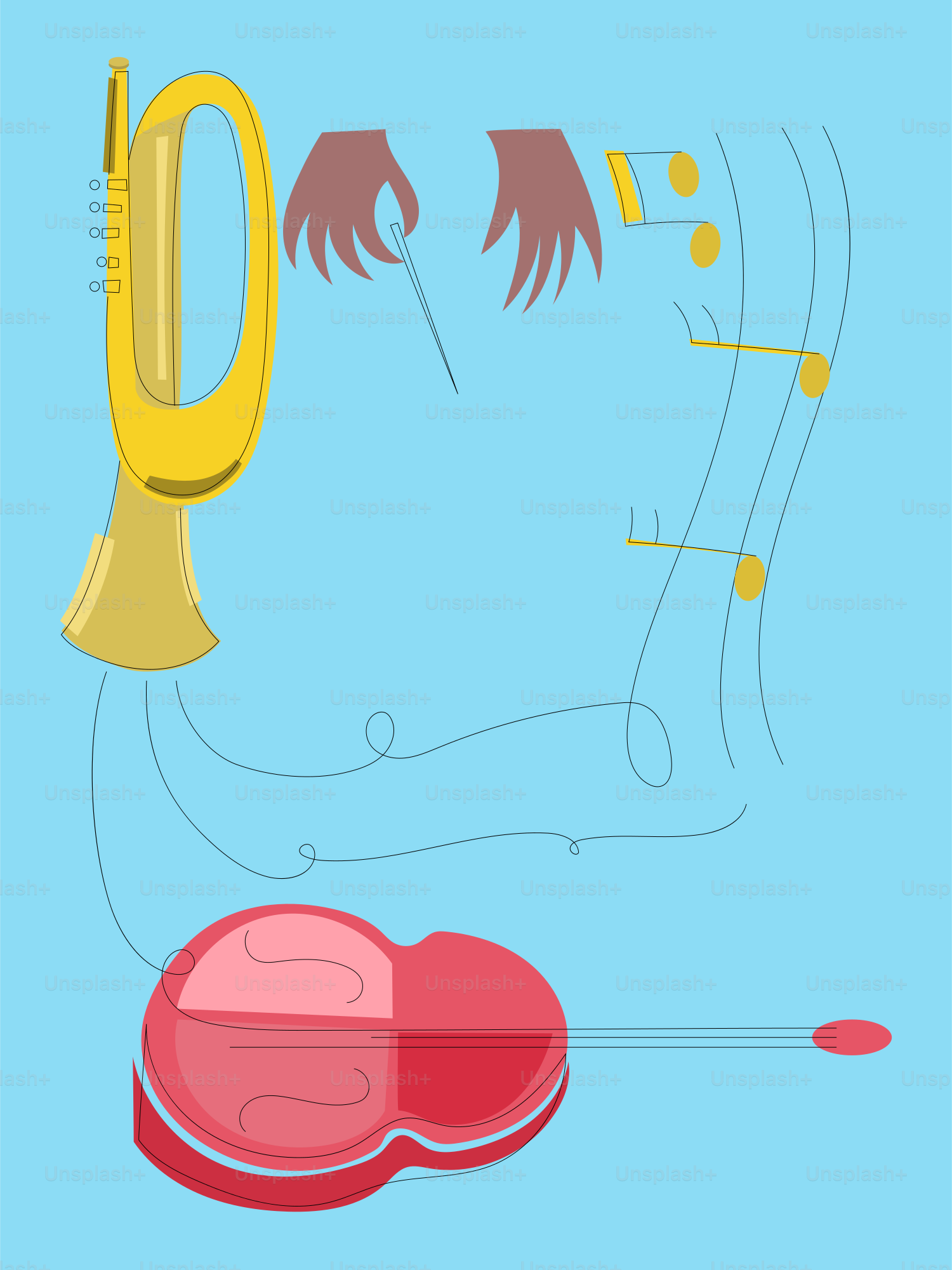 A trumpet, guitar, and musical notes on blue background