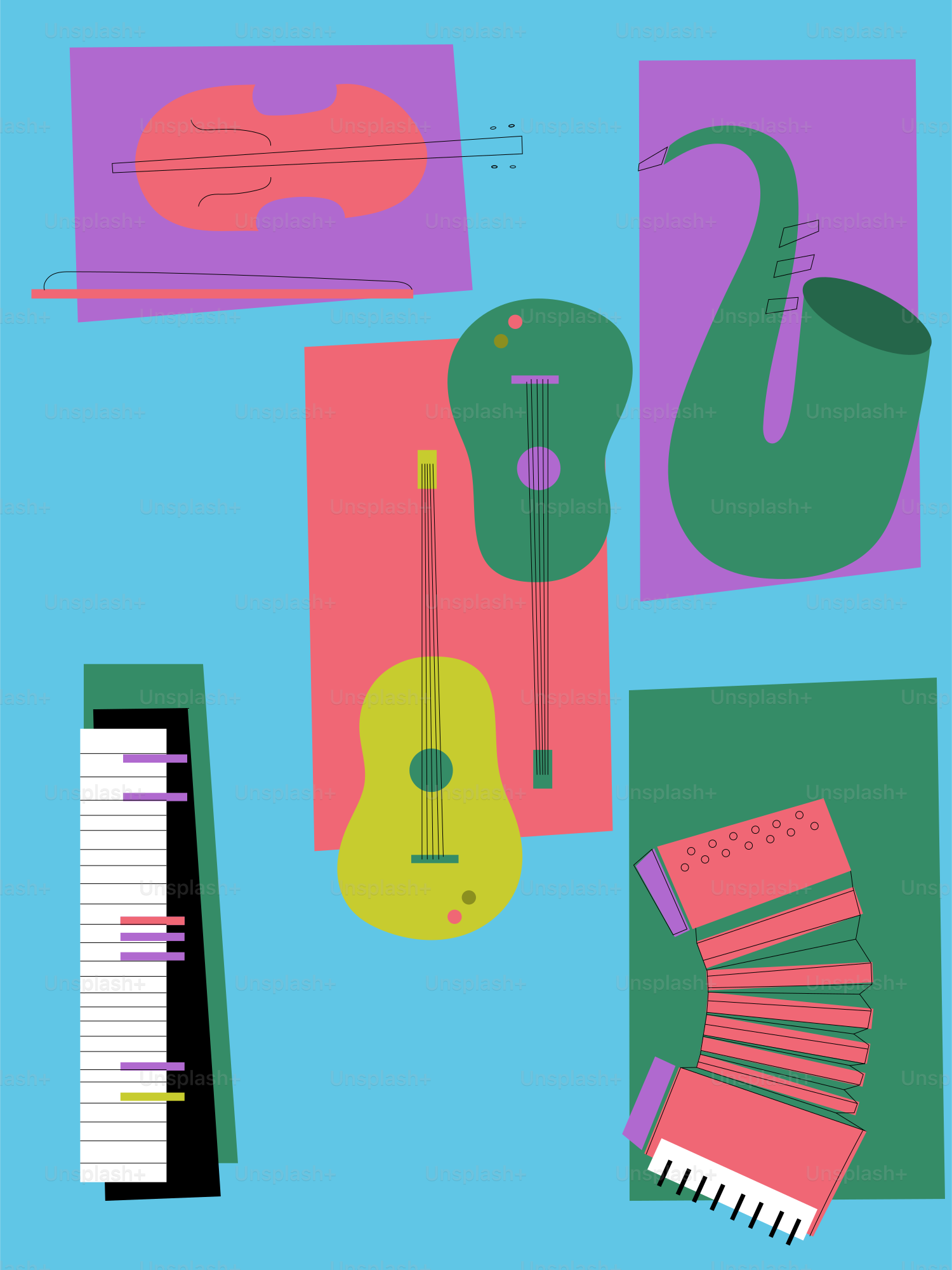Various musical instruments arranged on a blue background.