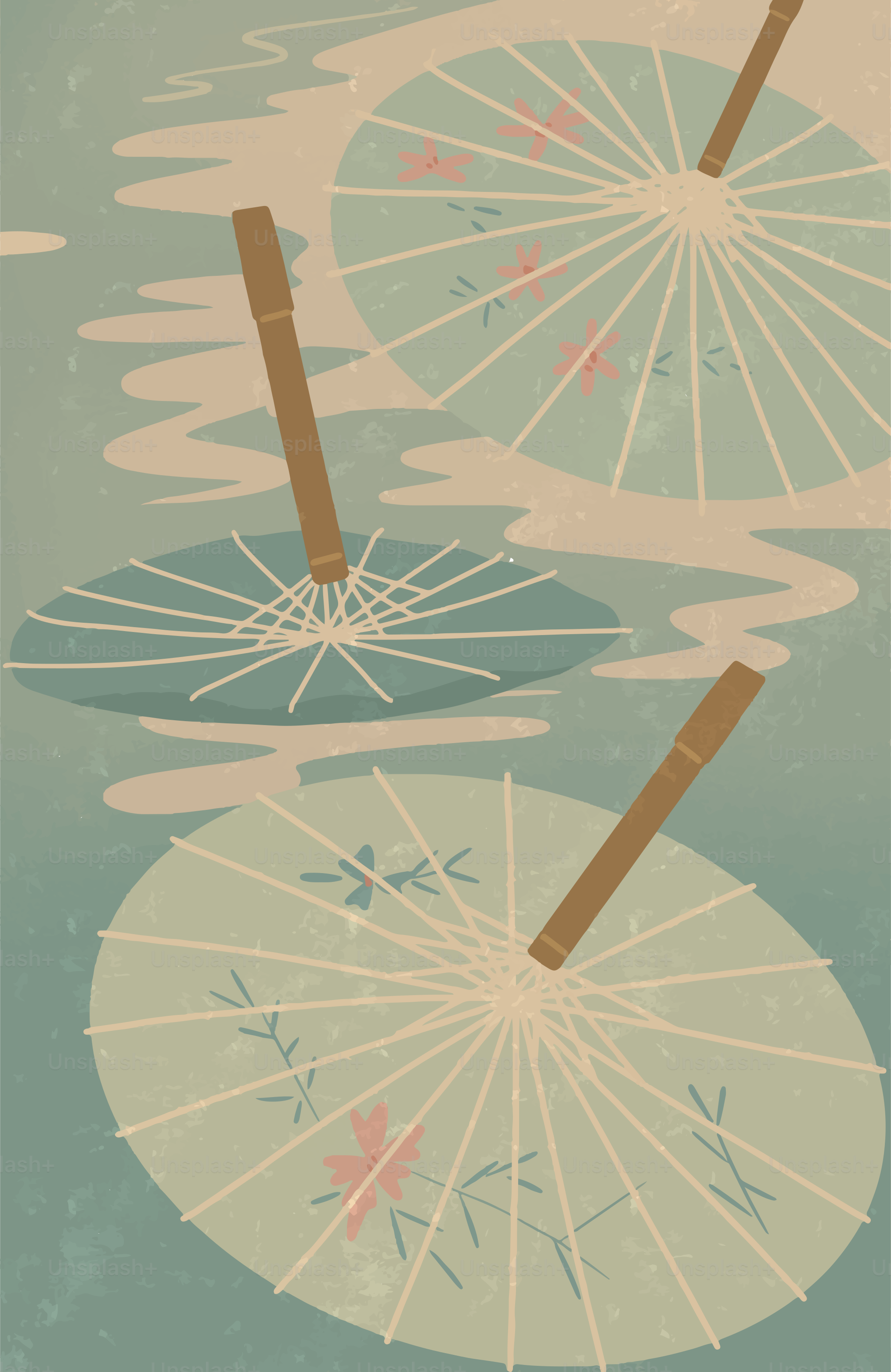 Tres paraguas japoneses flotando en el agua