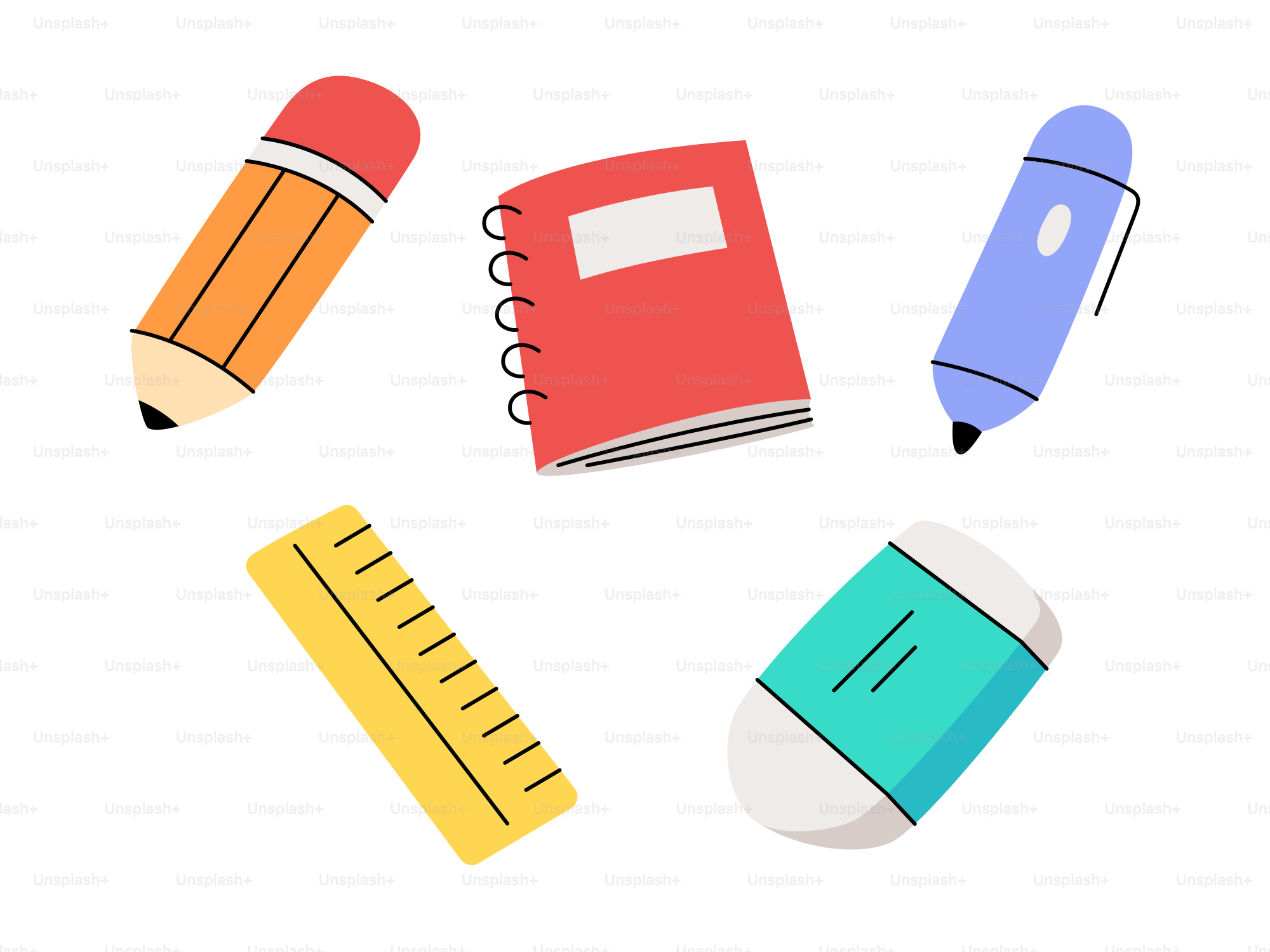 School supplies: pencil, notebook, pen, ruler, eraser