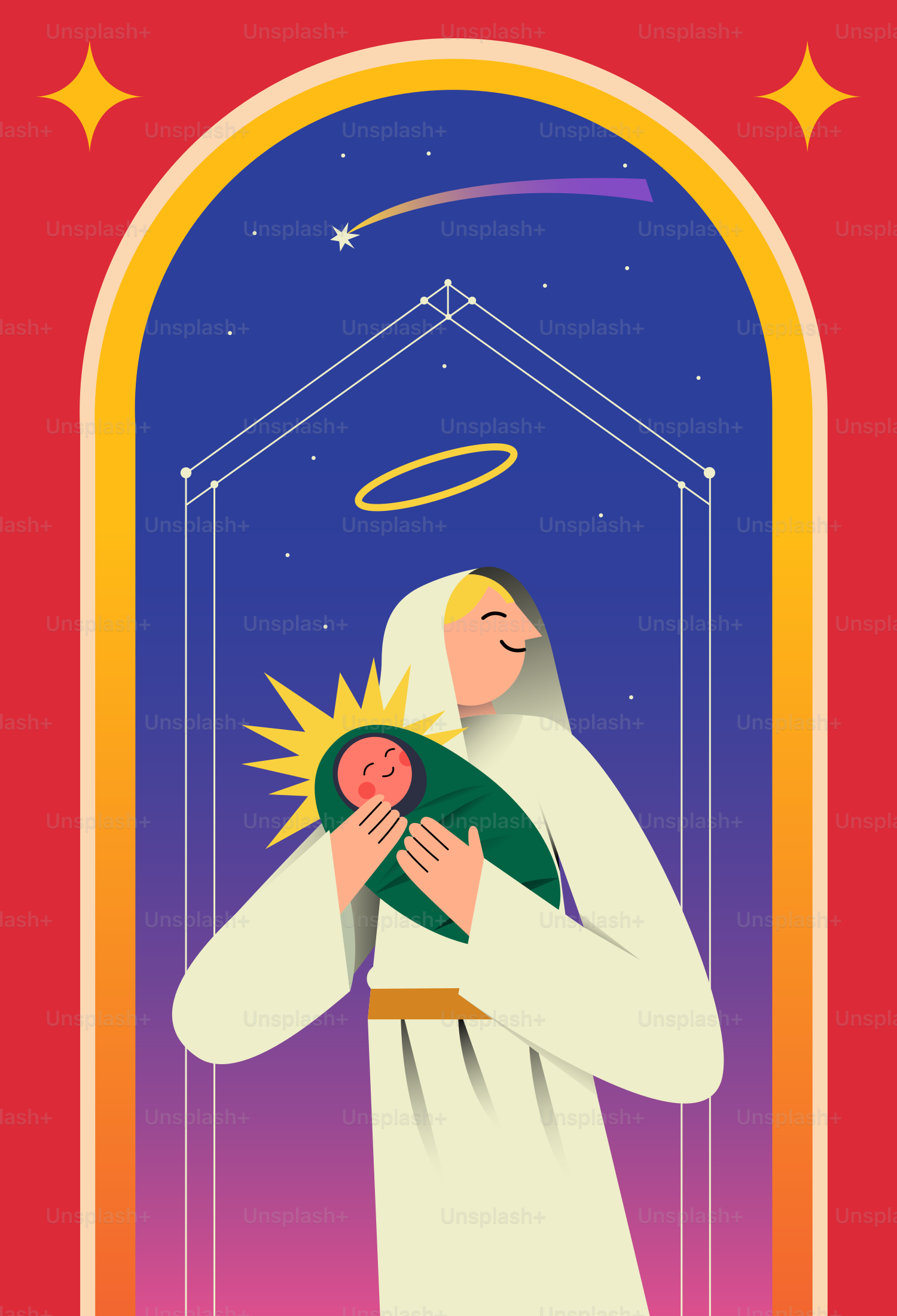 Mary holding baby jesus with a halo and starry sky