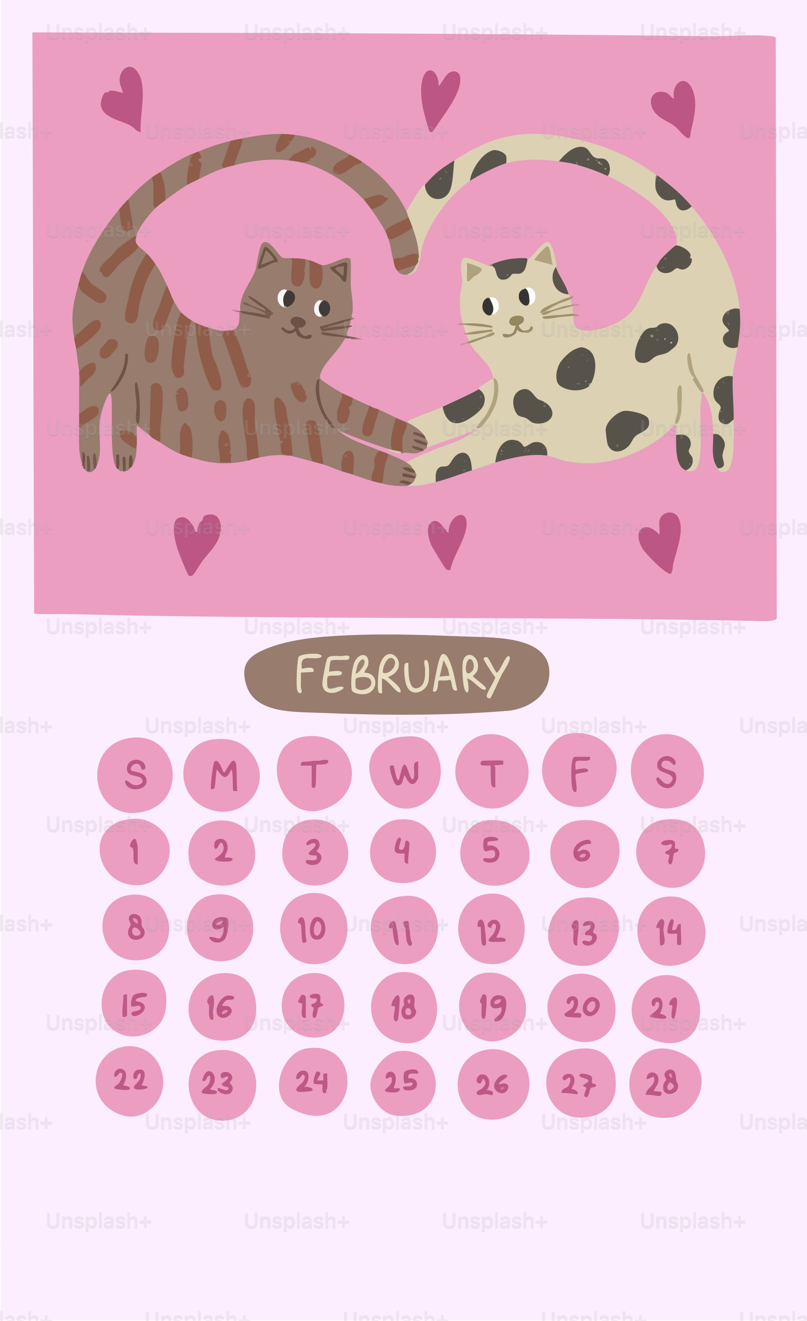 Two cats forming a heart shape on pink background.