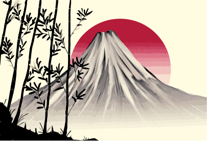 Monte Fuji con bambú y sol rojo