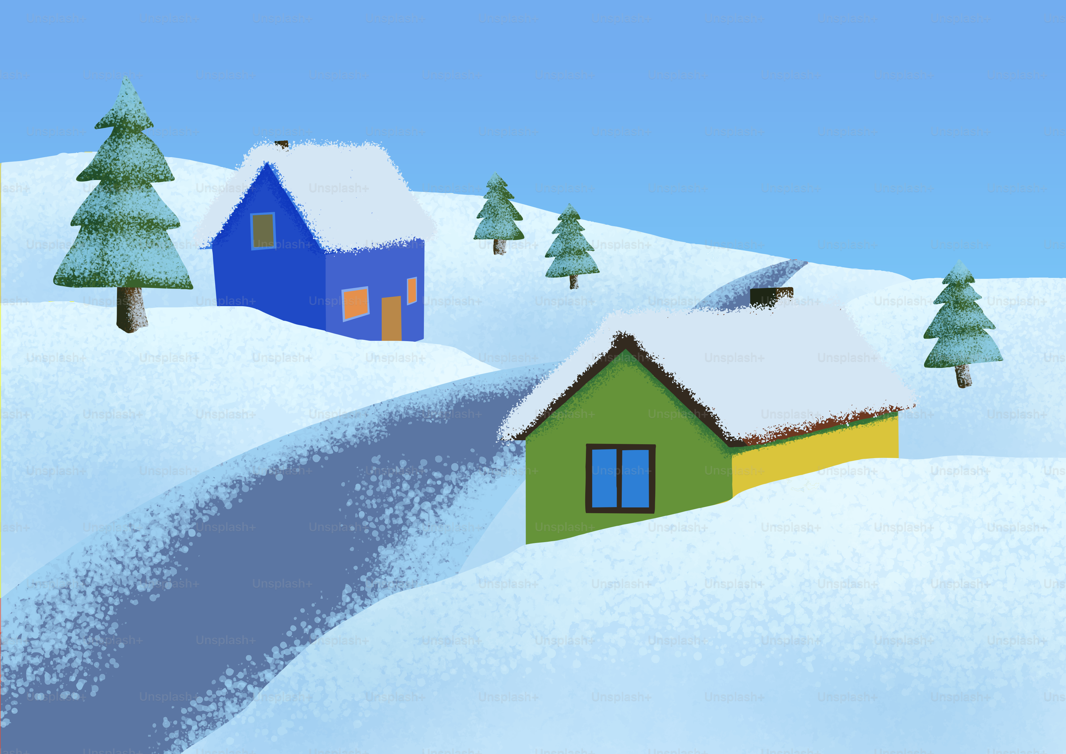 Snow-covered houses and trees on a winter day.