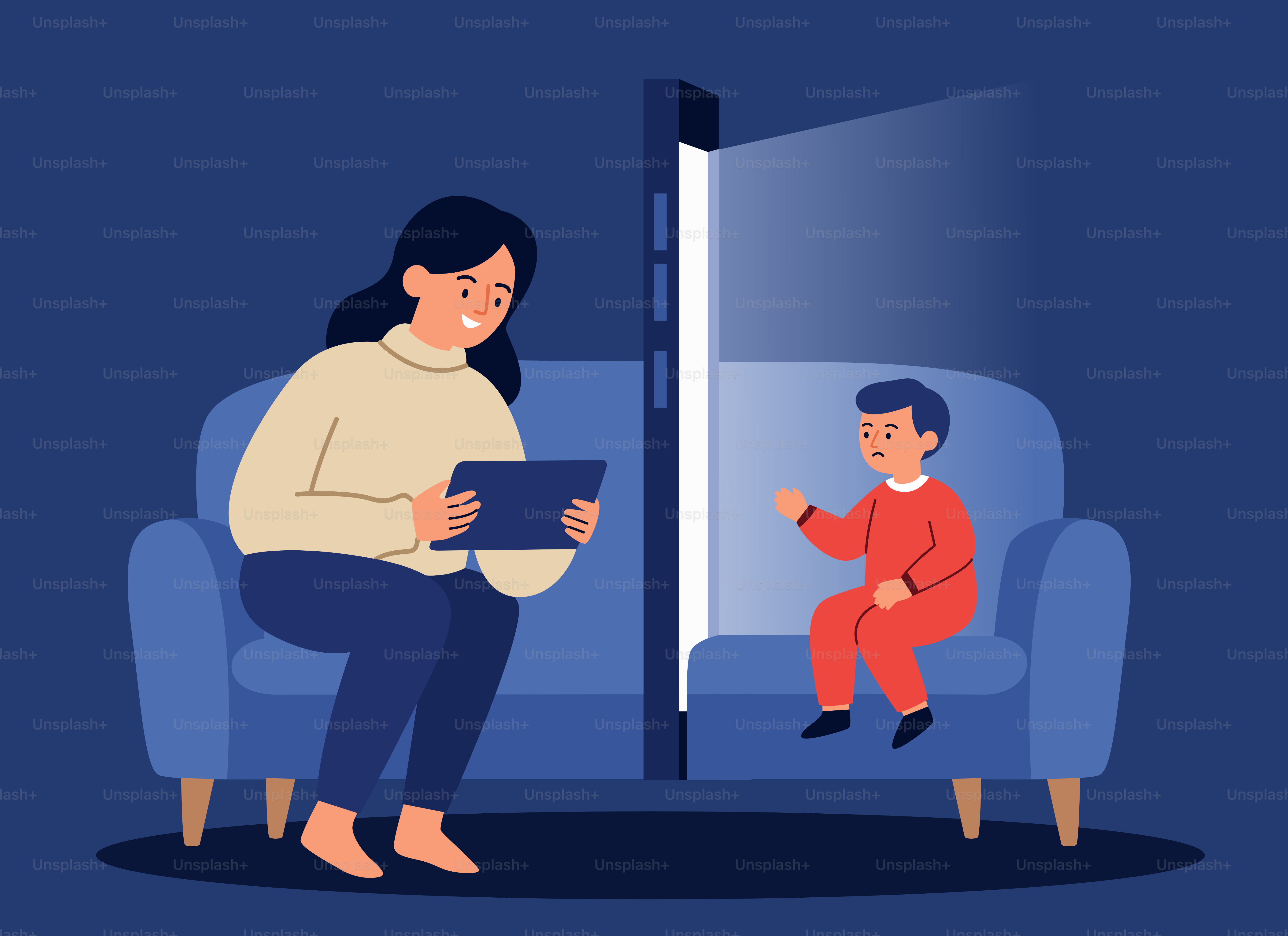 Mãe e filho se conectam por meio de uma tela digital.