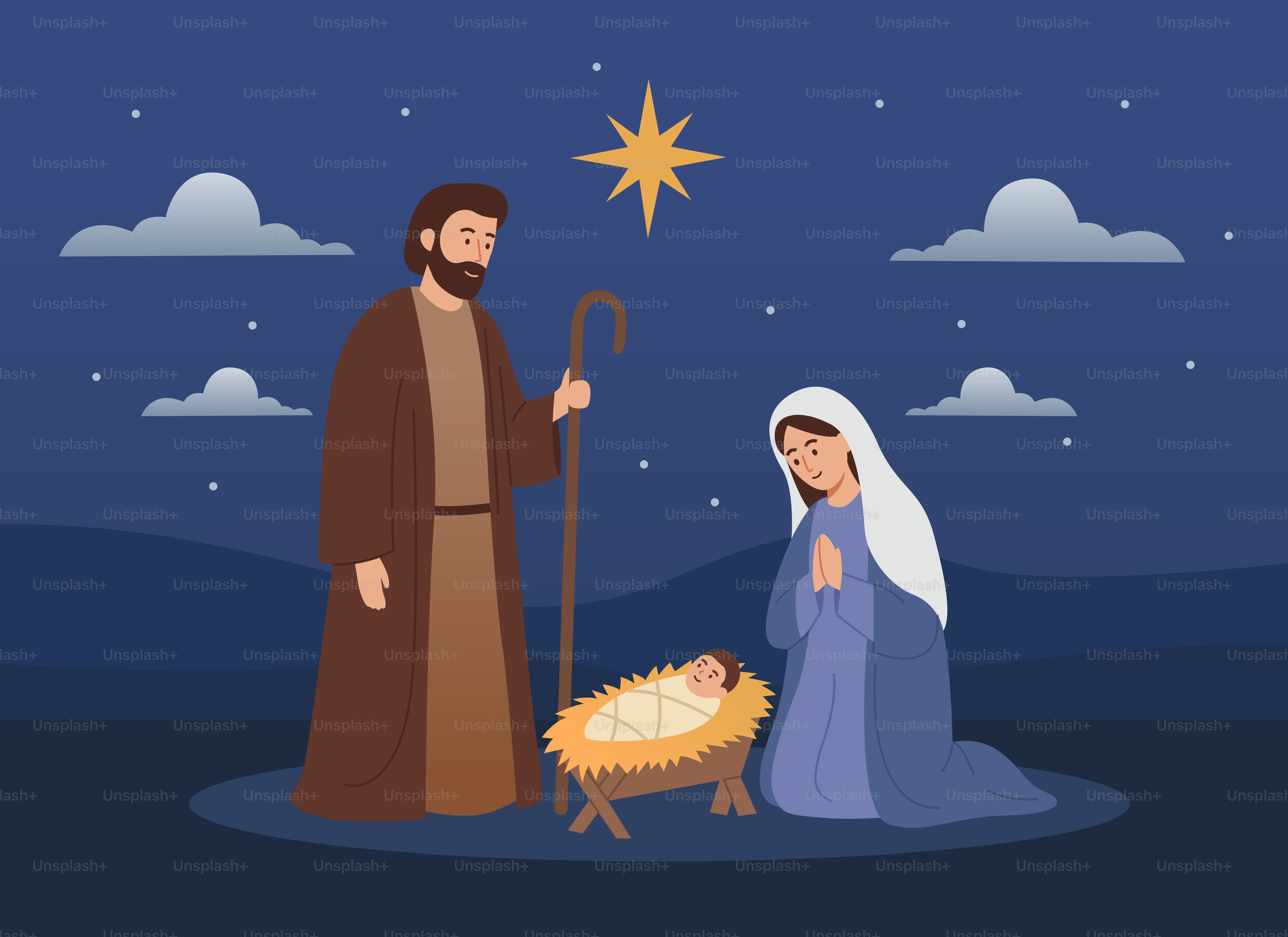 Nativity scene with mary, joseph, and baby jesus.