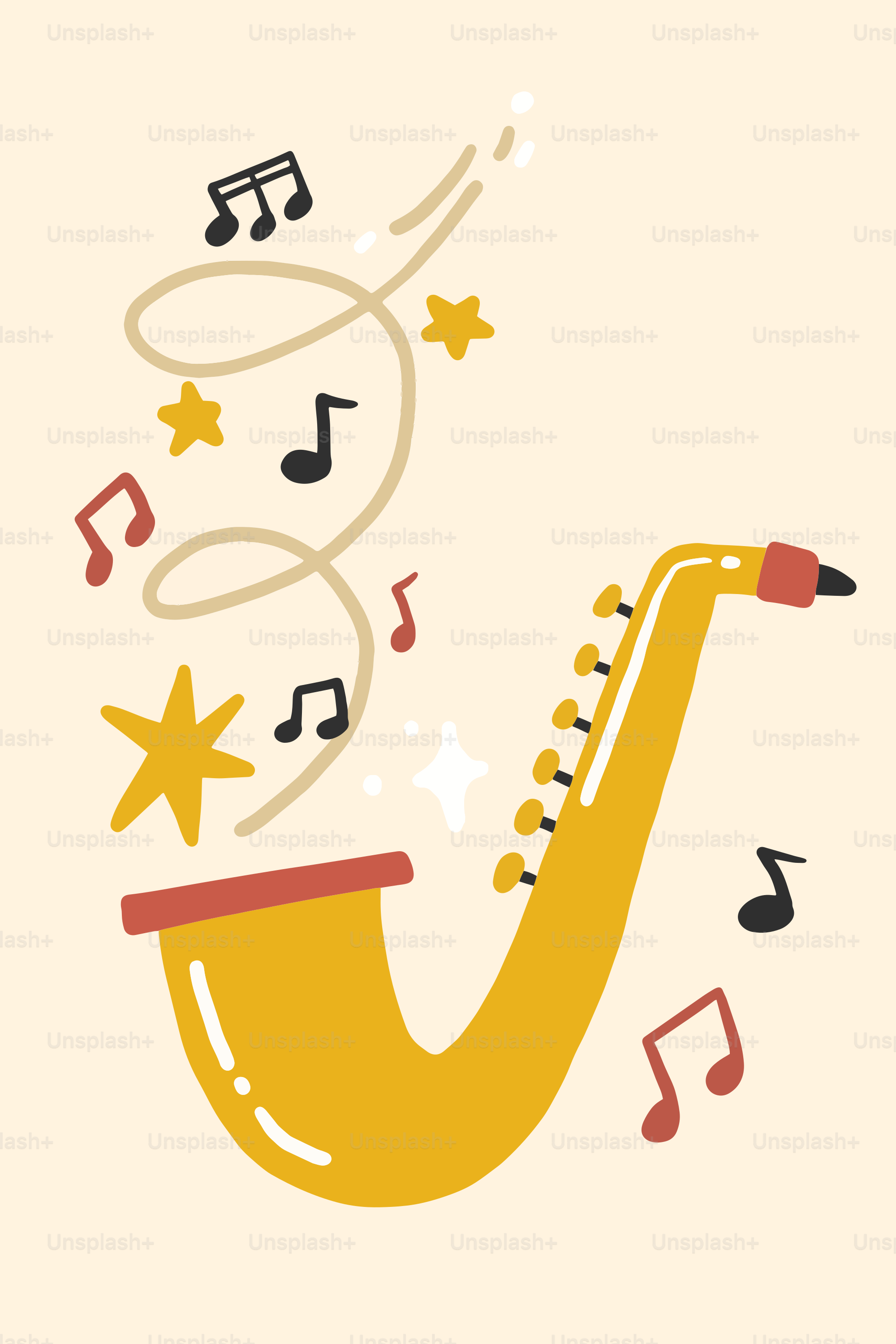 Un saxofón estilizado con notas musicales y estrellas