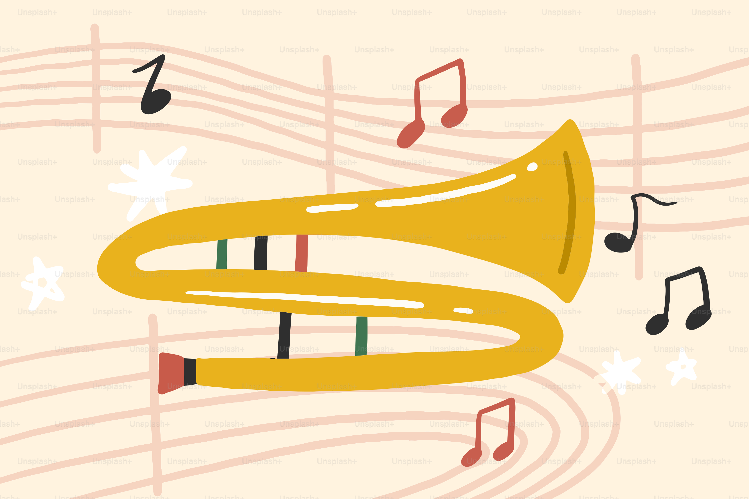 A cartoon trombone with musical notes