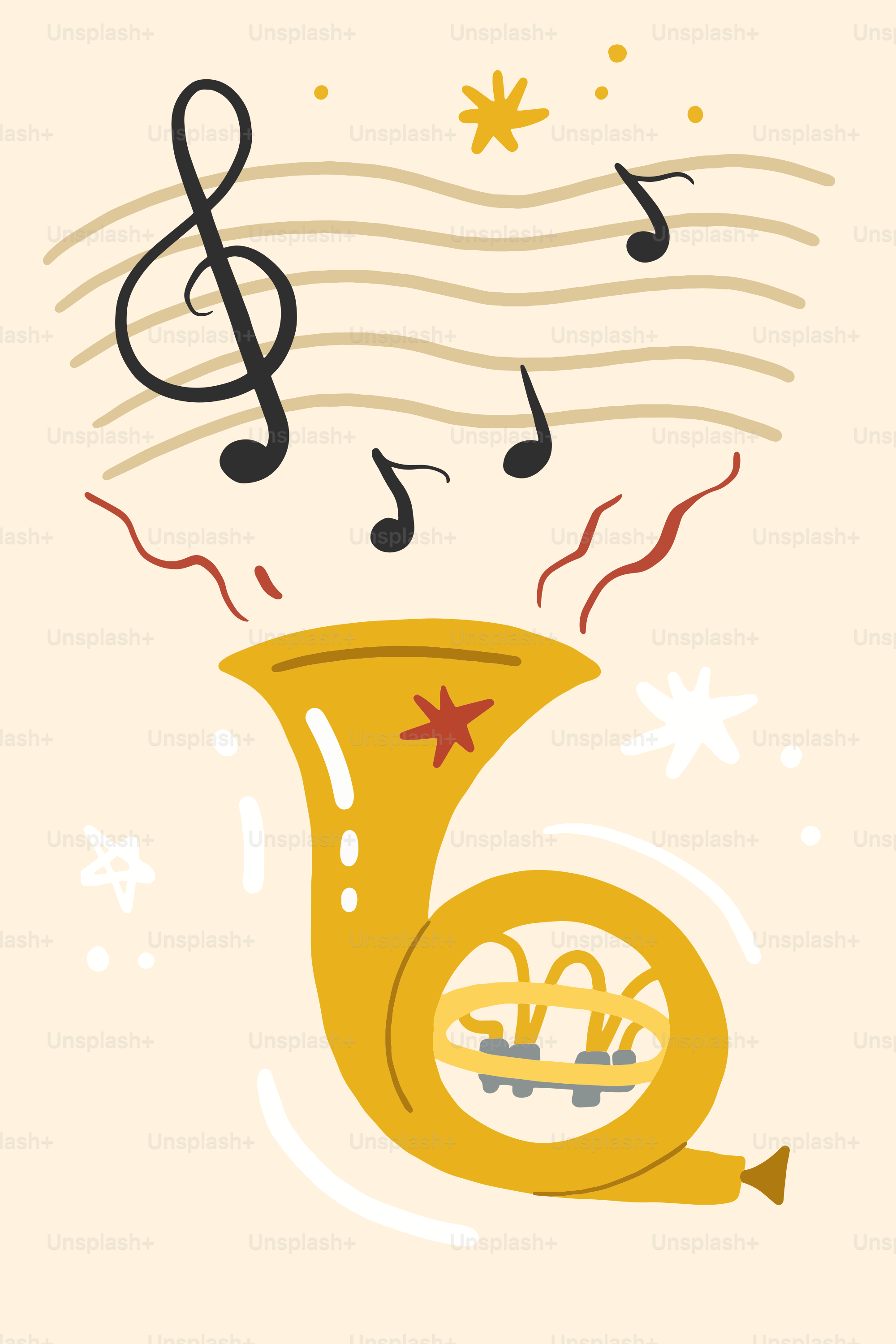 A golden french horn with musical notes.