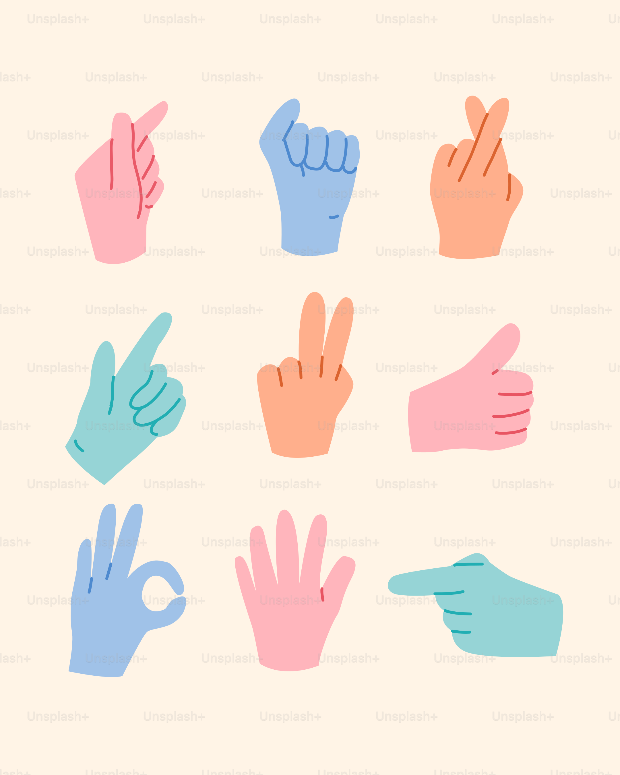 Collection of colorful hands making different gestures