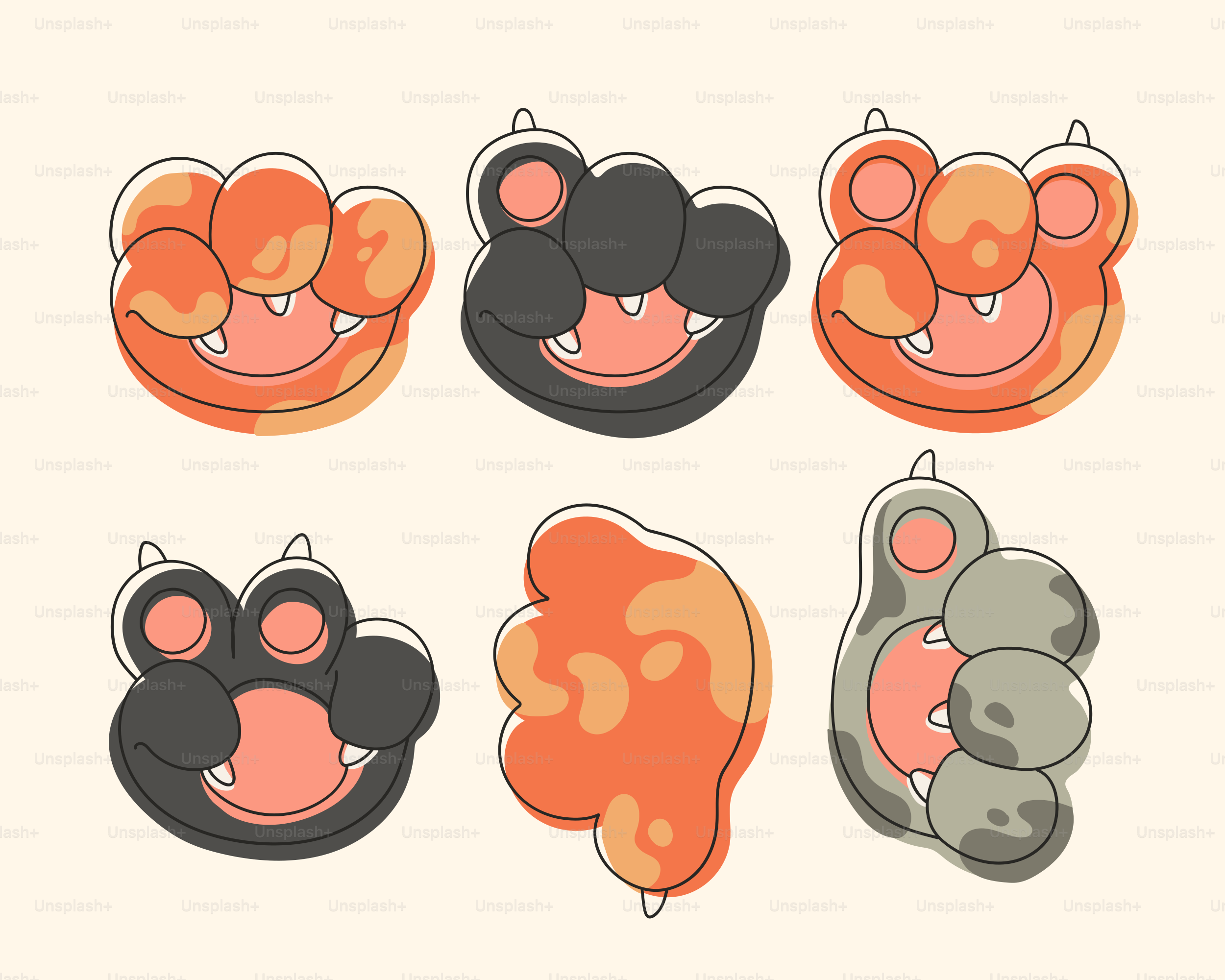 Six cartoon animal paws in various colors