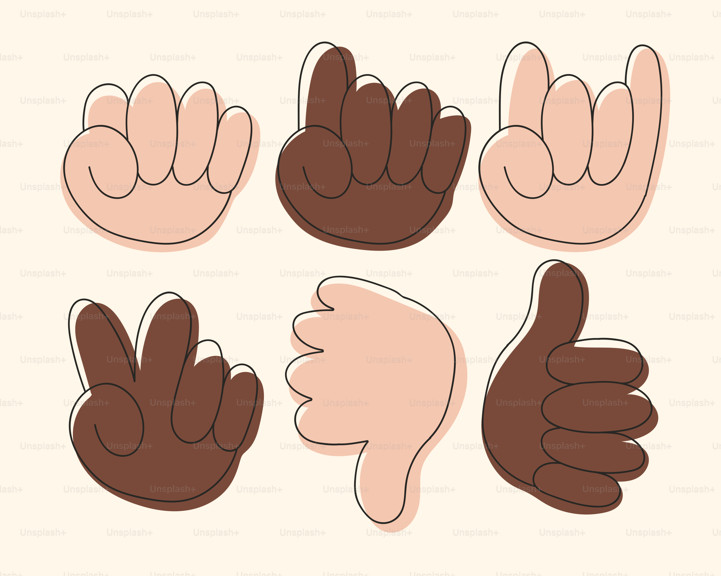 Six hands showing different gestures against a cream background.