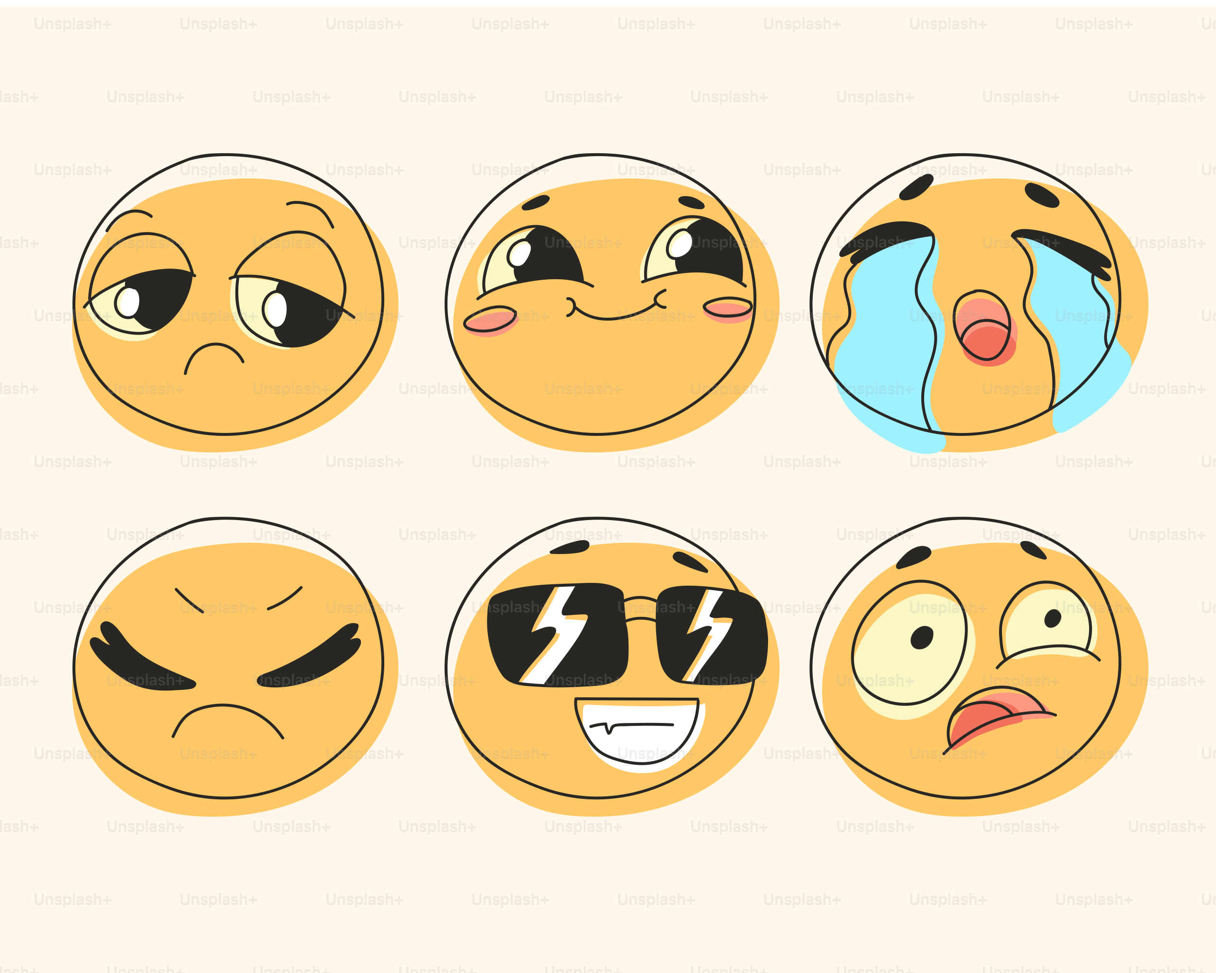 異なる表情の6つの漫画絵文字