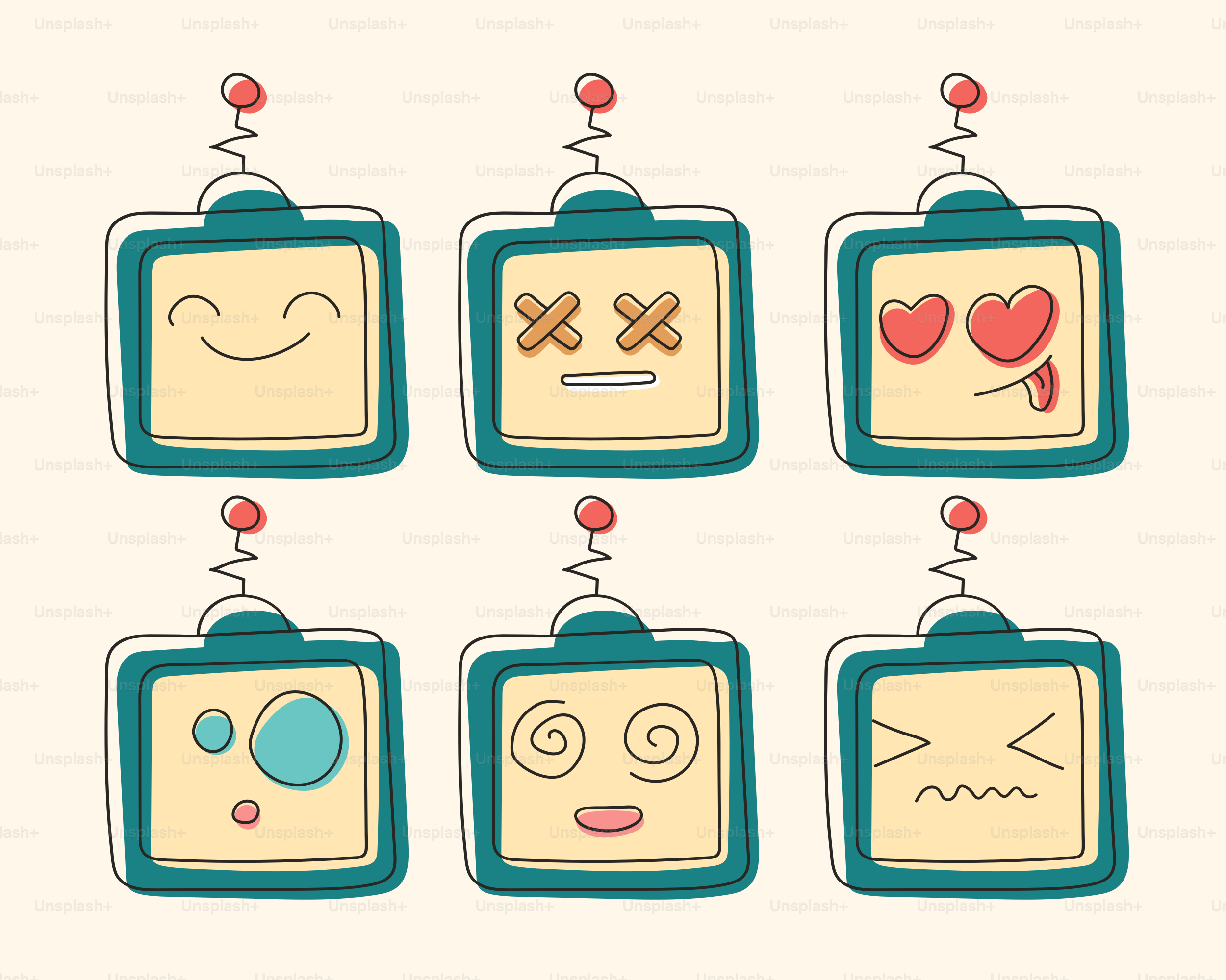 Six cartoon robots with different facial expressions