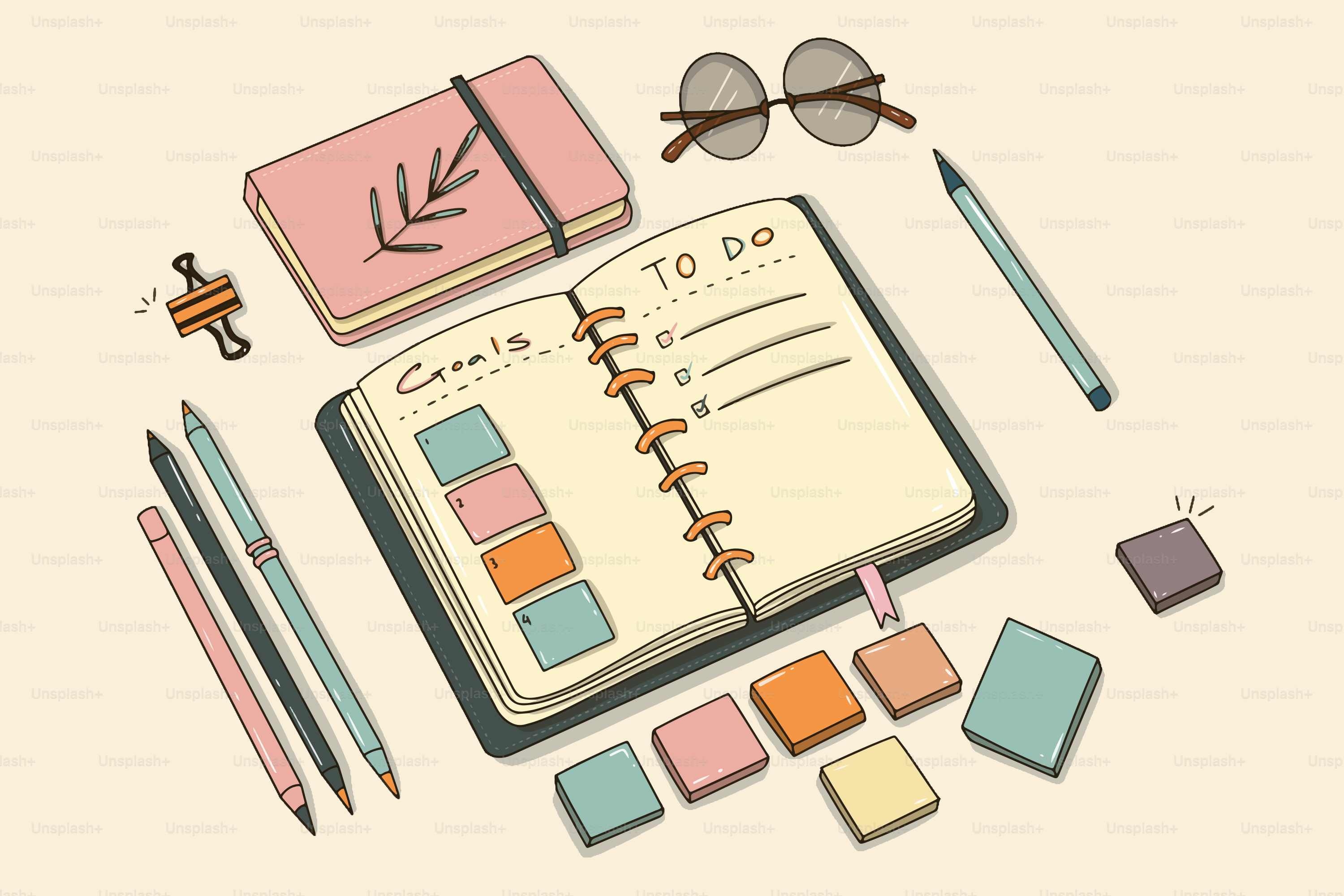 Cahier avec liste de choses à faire et post-its colorés.