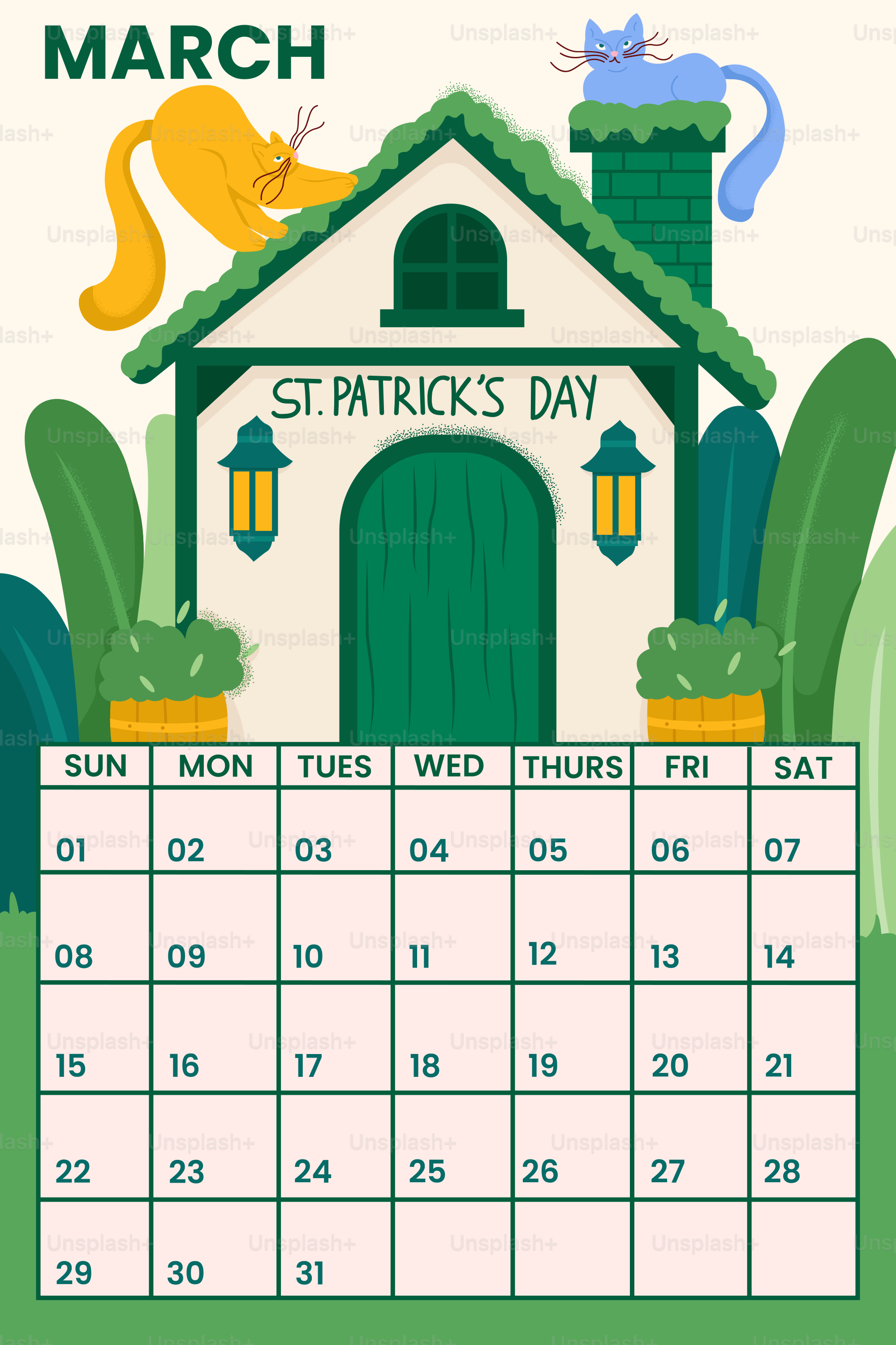 March calendar with st. patrick's day theme and cats