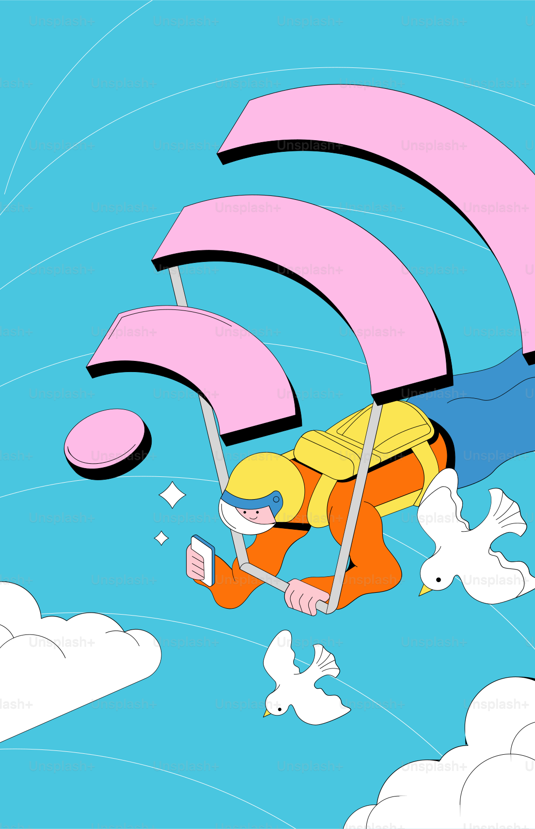 Paraquedista com pára-quedas de sinal wi-fi segura um telefone.