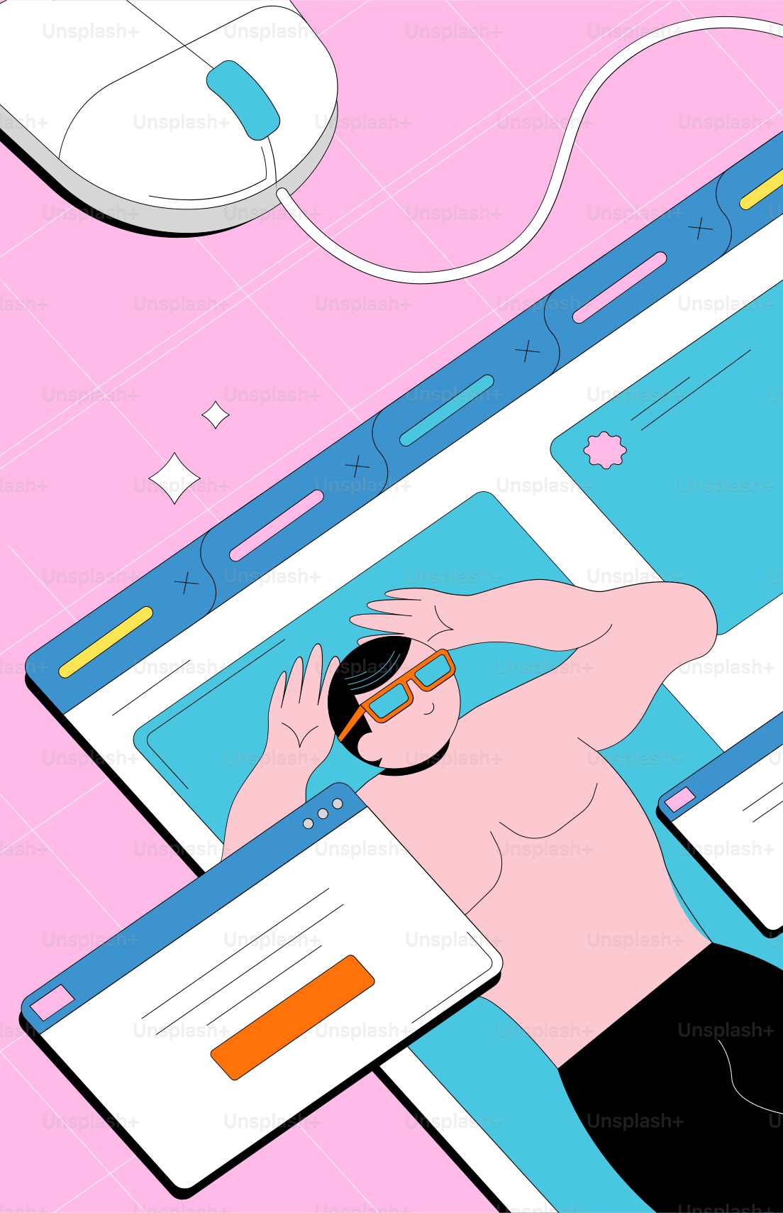Man in glasses relaxing on computer screen with mouse.