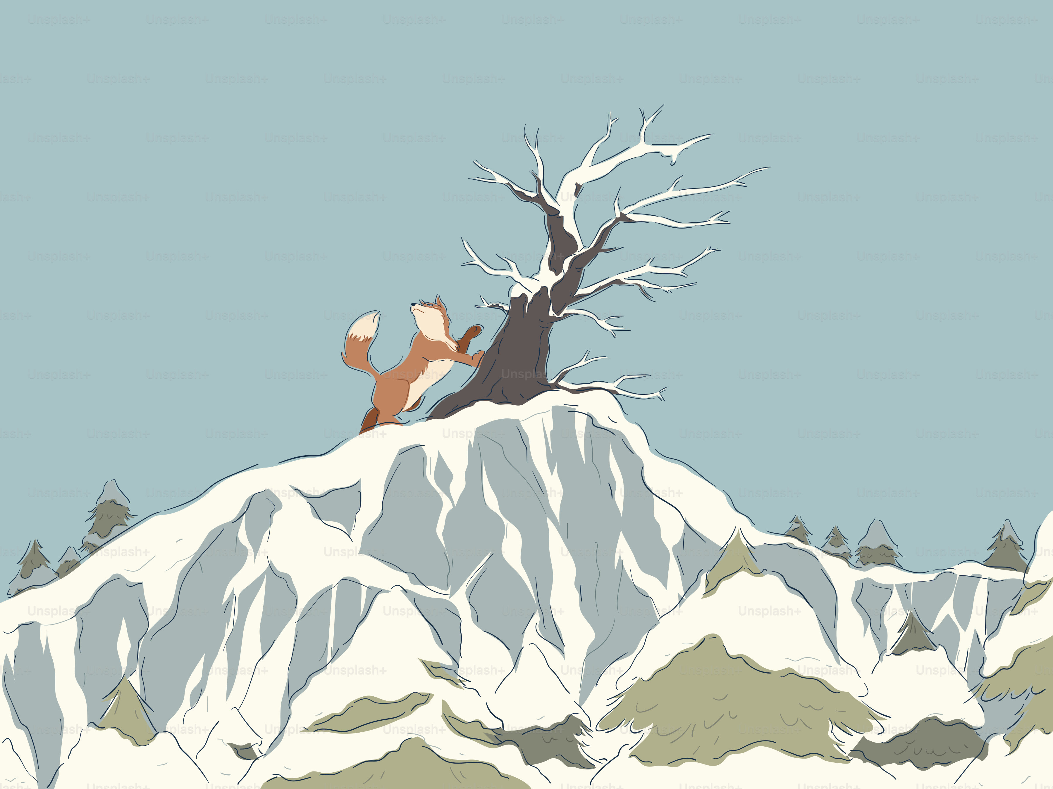 A fox climbs a snow-covered mountain near a tree.